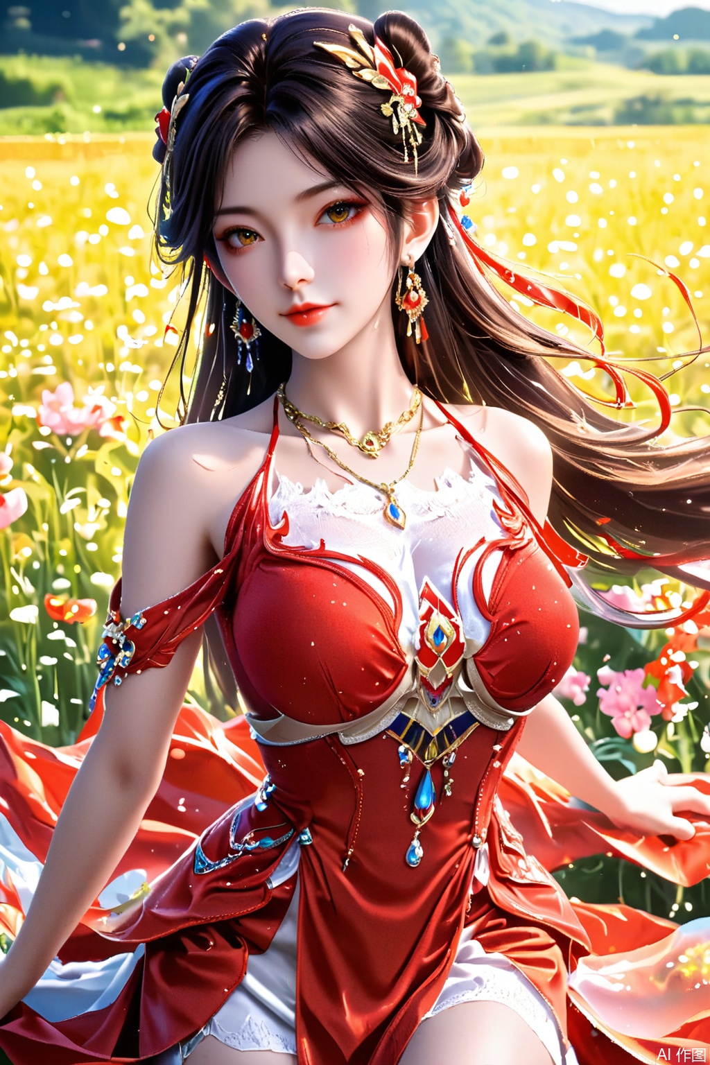 score_9,score_8_up,score_7_up,1girl, solo, long hair, brown hair, black hair, hair ornament, dress, bare shoulders, jewelry, earrings, necklace, red dress, masterpiece,best quality,official art,extremely detailed CG unity 8k wallpaper,upper body,looking at viewer,in a meadow,in a meadow,