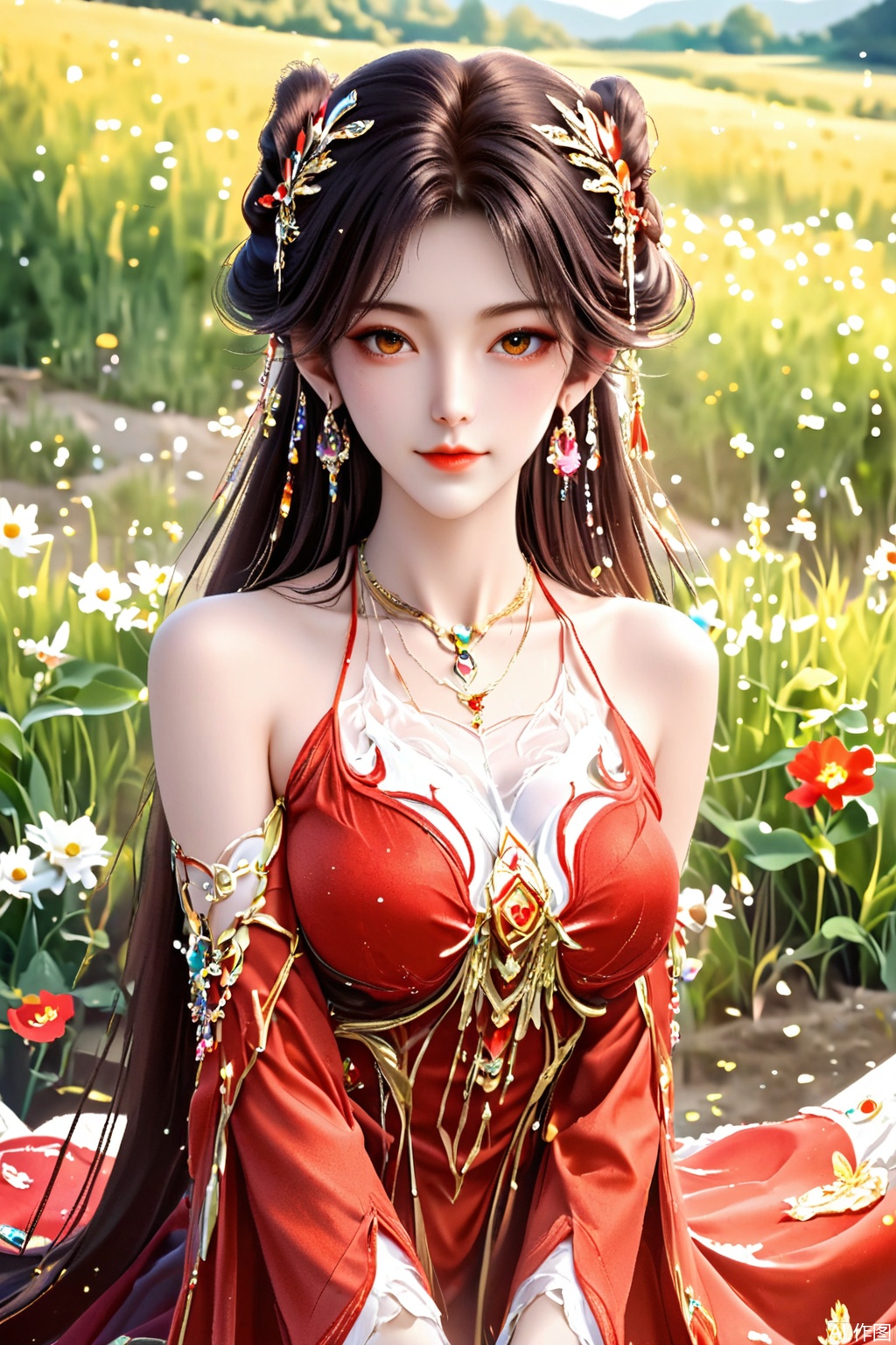 score_9,score_8_up,score_7_up,1girl, solo, long hair, brown hair, black hair, hair ornament, dress, bare shoulders, jewelry, earrings, necklace, red dress, masterpiece,best quality,official art,extremely detailed CG unity 8k wallpaper,upper body,looking at viewer,in a meadow,in a meadow,