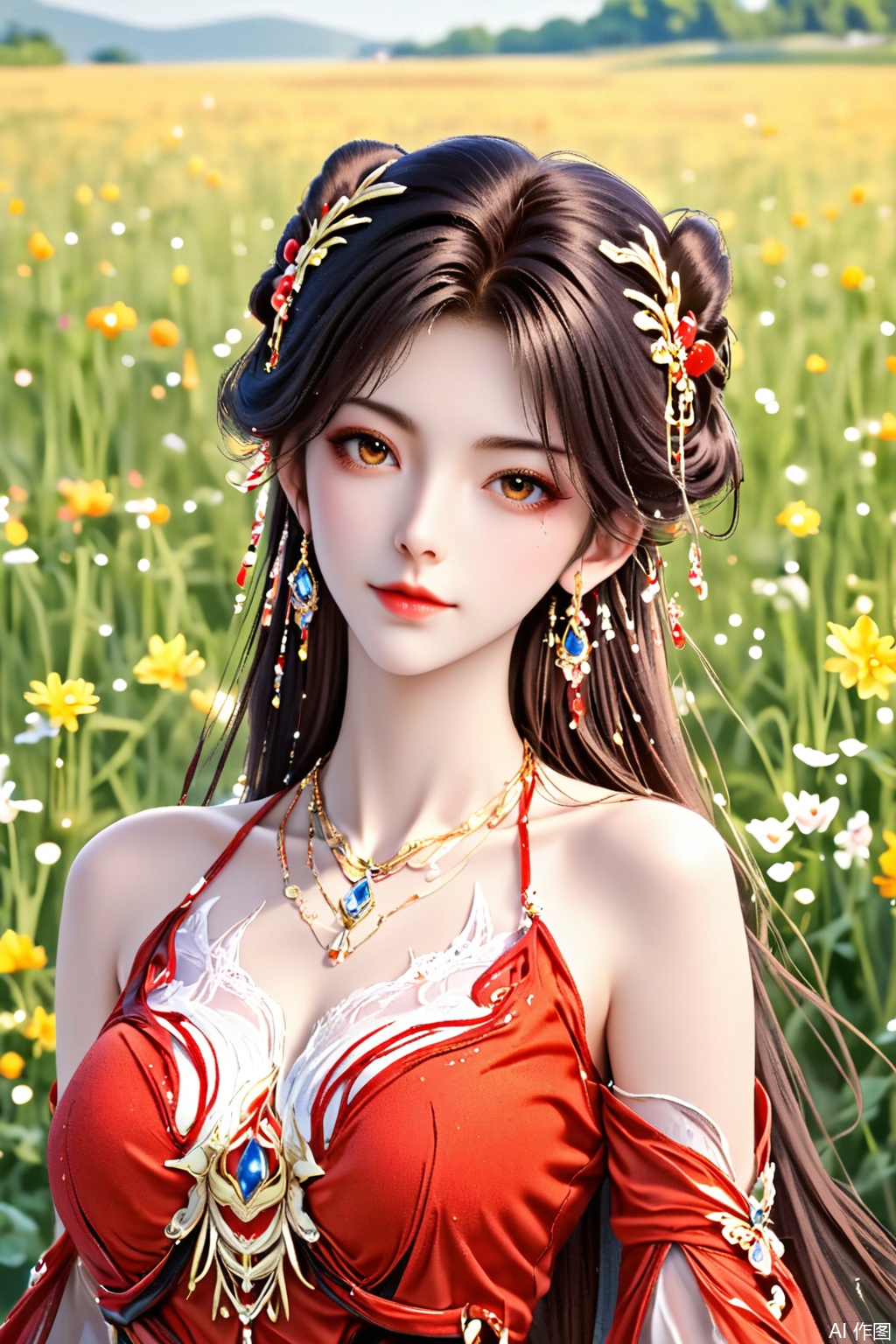 score_9,score_8_up,score_7_up,1girl, solo, long hair, brown hair, black hair, hair ornament, dress, bare shoulders, jewelry, earrings, necklace, red dress, masterpiece,best quality,official art,extremely detailed CG unity 8k wallpaper,upper body,looking at viewer,in a meadow,in a meadow,