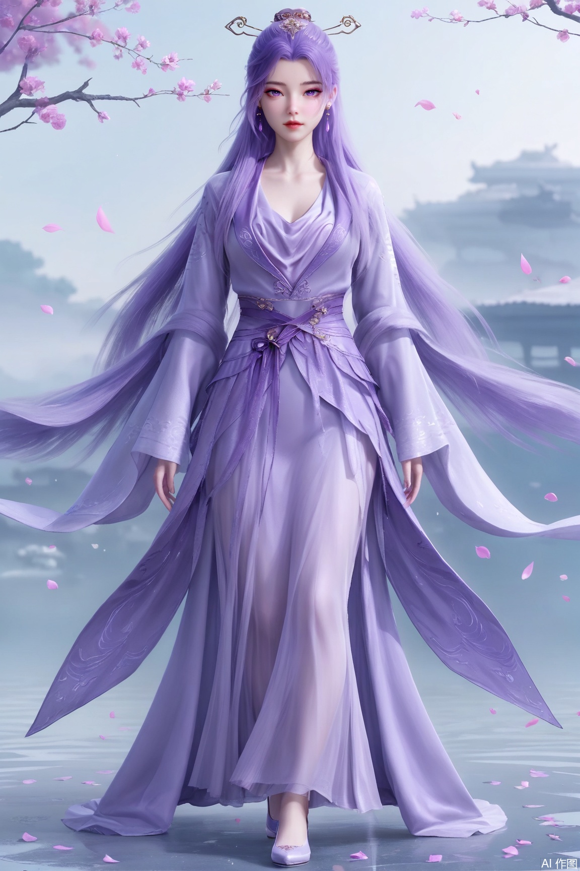 1girl, solo, long hair, hair ornament,looking at viewer, dress, jewelry, purple eyes, upper body, purple hair, earrings, petals,full body, chinese clothes, falling petals, 
masterpiece, best quality, absurdres, highres, amazing quality, very aesthetic,  newest, absurdres, highres, highly detailed, very aesthetic,