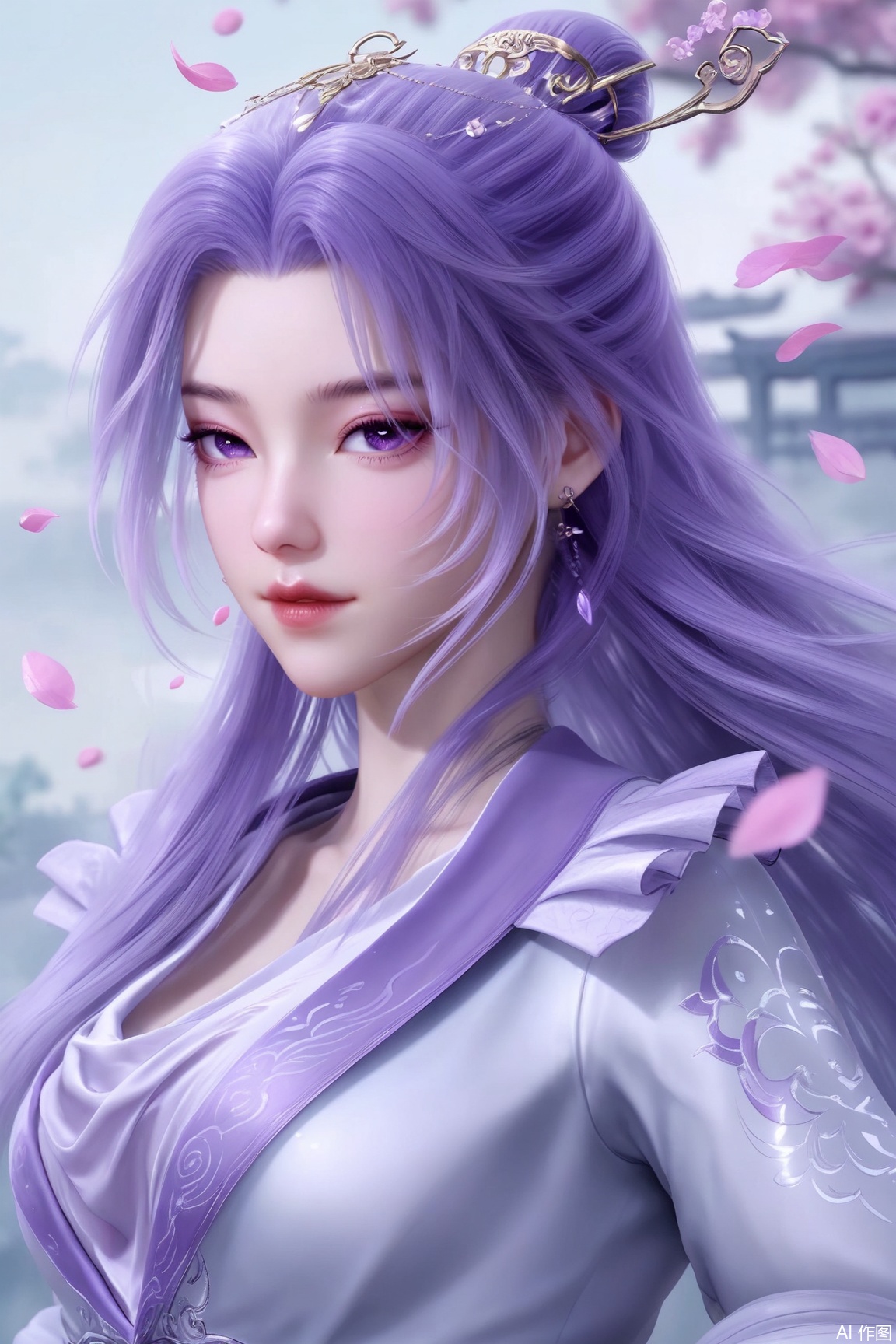 1girl, solo, long hair, hair ornament,looking at viewer, dress, jewelry, purple eyes, upper body, purple hair, earrings, petals, chinese clothes, falling petals, 
masterpiece, best quality, absurdres, highres, amazing quality, very aesthetic,  newest, absurdres, highres, highly detailed, very aesthetic,