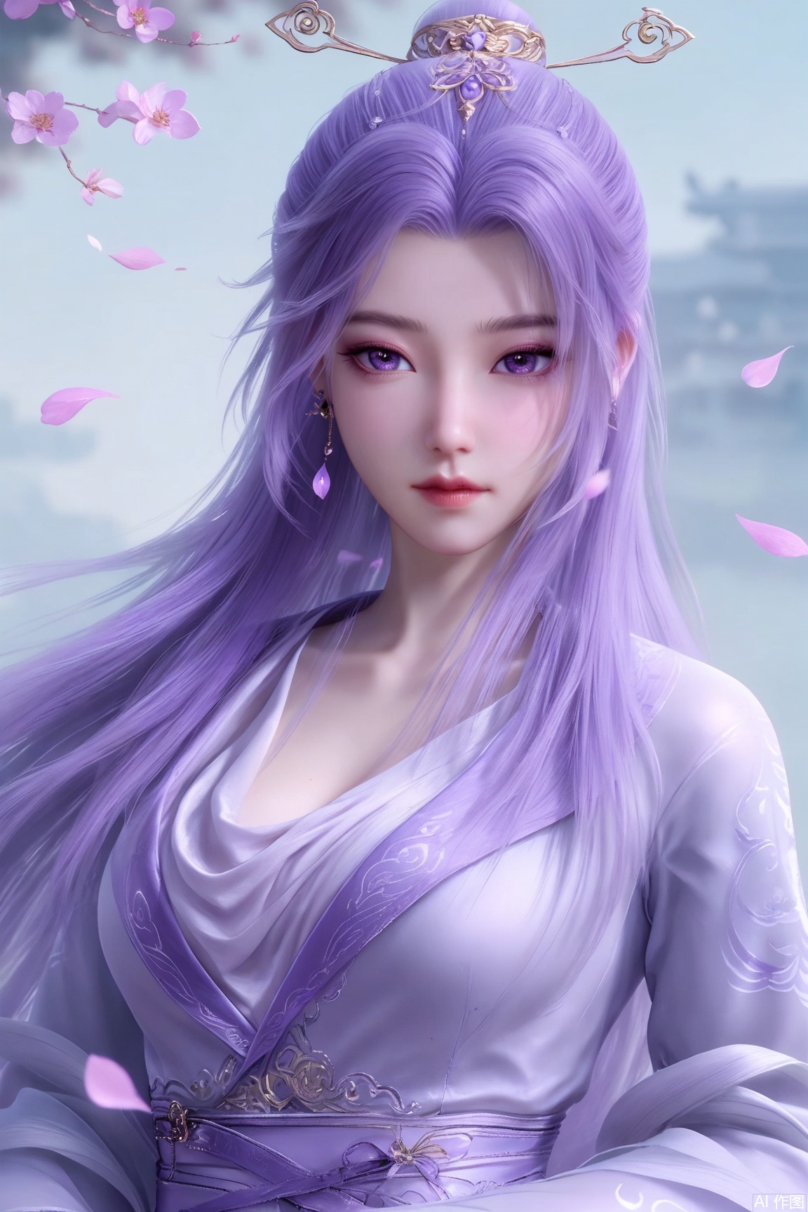 1girl, solo, long hair, hair ornament, dress, jewelry, purple eyes, upper body, purple hair, earrings, petals, chinese clothes, falling petals, 
masterpiece, best quality, absurdres, highres, amazing quality, very aesthetic,  newest, absurdres, highres, highly detailed, very aesthetic,