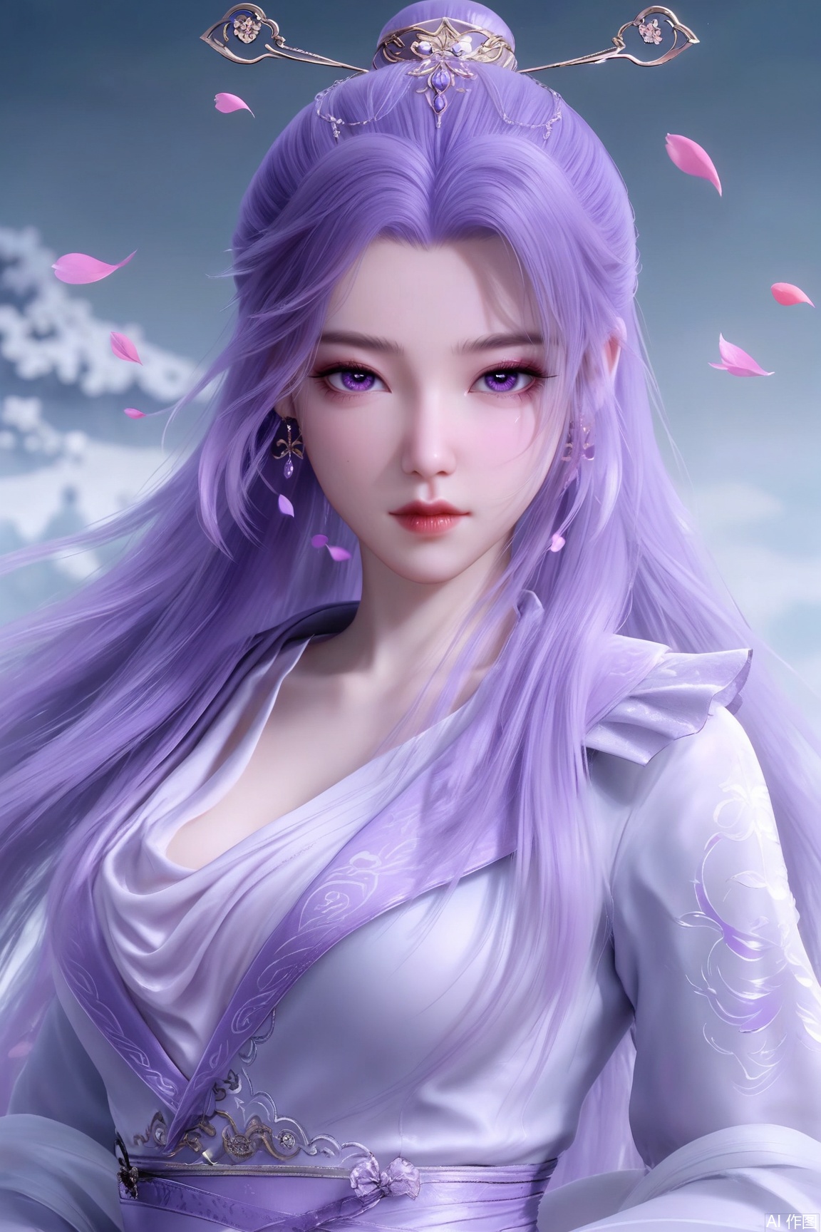 1girl, solo, long hair, hair ornament,looking at viewer, dress, jewelry, purple eyes, upper body, purple hair, earrings, petals, chinese clothes, falling petals, 
masterpiece, best quality, absurdres, highres, amazing quality, very aesthetic,  newest, absurdres, highres, highly detailed, very aesthetic,