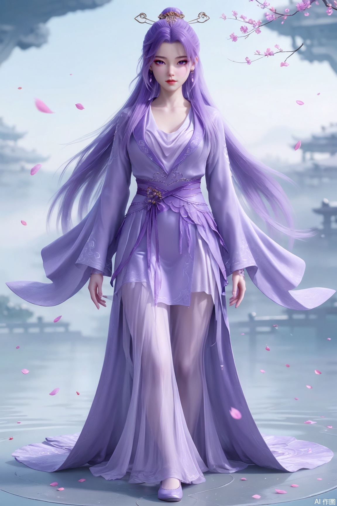 1girl, solo, long hair, hair ornament,looking at viewer, dress, jewelry, purple eyes, upper body, purple hair, earrings, petals,full body, chinese clothes, falling petals, 
masterpiece, best quality, absurdres, highres, amazing quality, very aesthetic,  newest, absurdres, highres, highly detailed, very aesthetic,