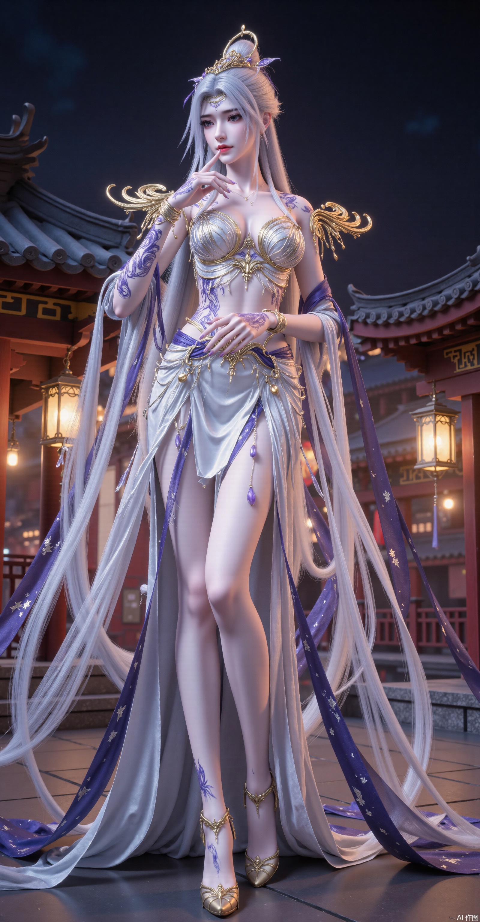 An elegant and noble silver-haired woman wears a华丽的(gorgeous) blue-and-white gown with golden embroidery and purple cuffs. Mysterious purple markings adorn her face, paired with an intricate golden headpiece and curved shoulder armor. Her flowing skirt features blue trim and white star patterns. With one hand touching her lips and the other hanging vertically downward, she stands against a backdrop of traditional Chinese architecture at night, illuminated by warm yellow lanterns that create a mystical and refined atmosphere. The artwork boasts exquisite details, 8K resolution, Unreal Engine rendering, and cinematic lighting.