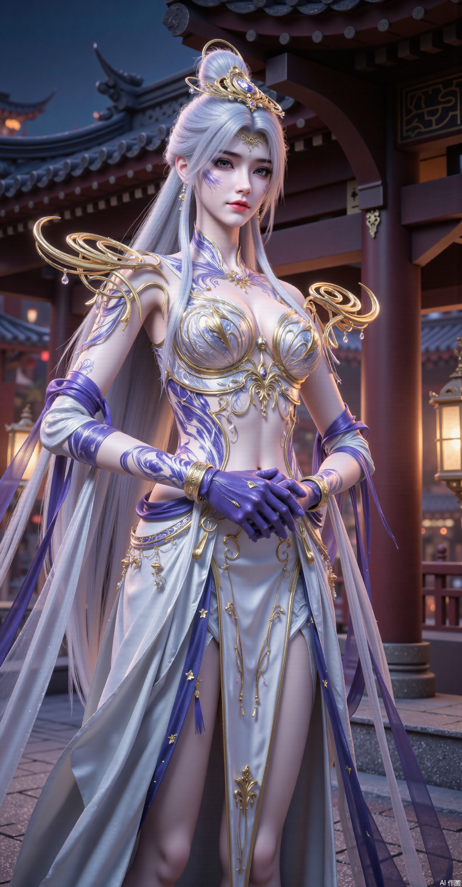 "An elegant and noble silver-haired woman wearing an ornate blue-and-white gown with golden embroidery and purple cuffs. Her face features mysterious purple markings, adorned with an intricate golden headpiece and curved shoulder armor. The flowing skirt has blue trim and white star patterns. Background shows traditional Chinese architecture at night, illuminated by warm lanterns, creating a mystical and refined atmosphere. Highly detailed, 8K resolution, Unreal Engine rendering, cinematic lighting."