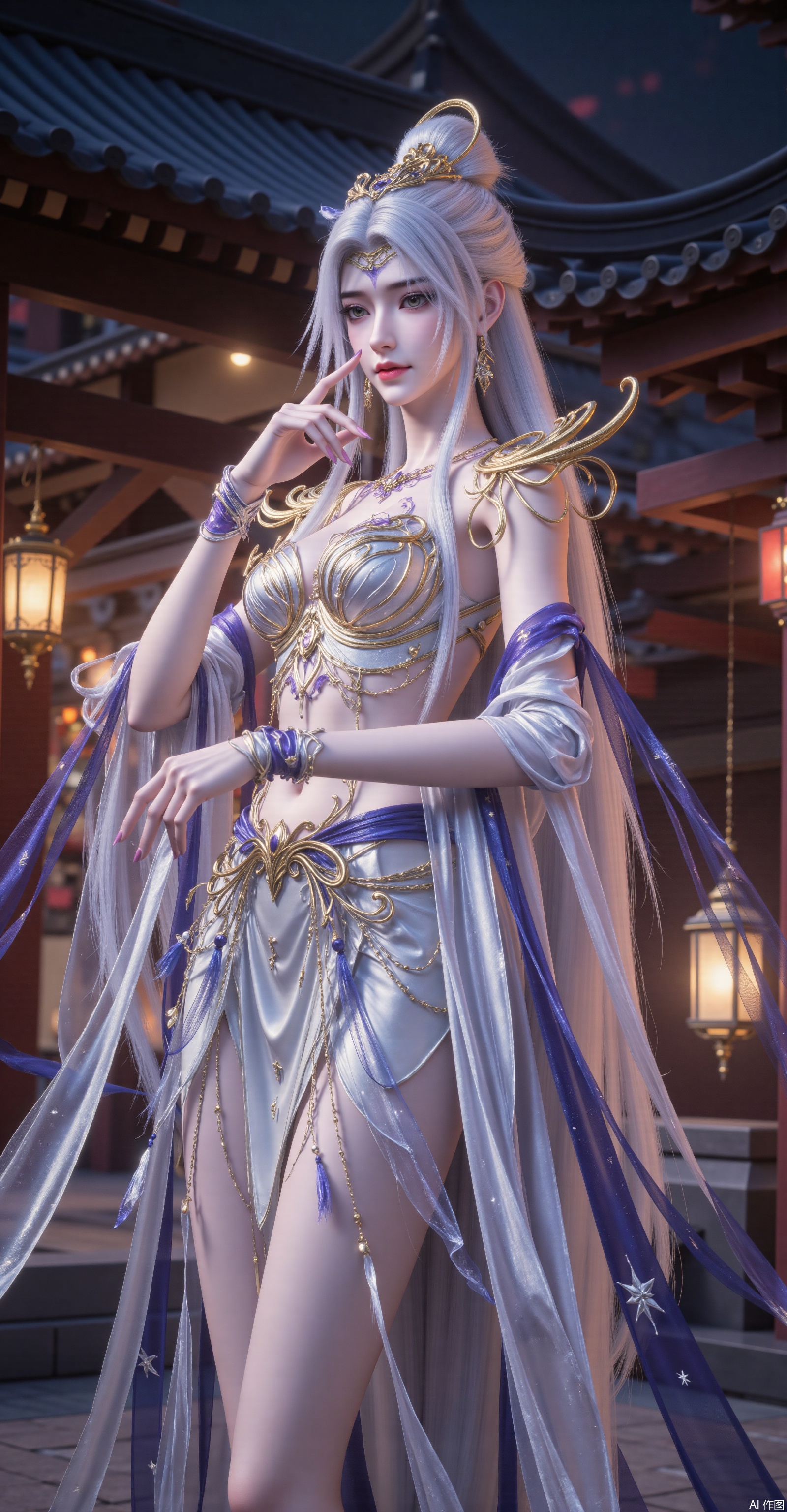 An elegant and noble silver-haired woman wears a华丽的(gorgeous) blue-and-white gown with golden embroidery and purple cuffs. Mysterious purple markings adorn her face, paired with an intricate golden headpiece and curved shoulder armor. Her flowing skirt features blue trim and white star patterns. With one hand touching her lips and the other hanging vertically downward, she stands against a backdrop of traditional Chinese architecture at night, illuminated by warm yellow lanterns that create a mystical and refined atmosphere. The artwork boasts exquisite details, 8K resolution, Unreal Engine rendering, and cinematic lighting.