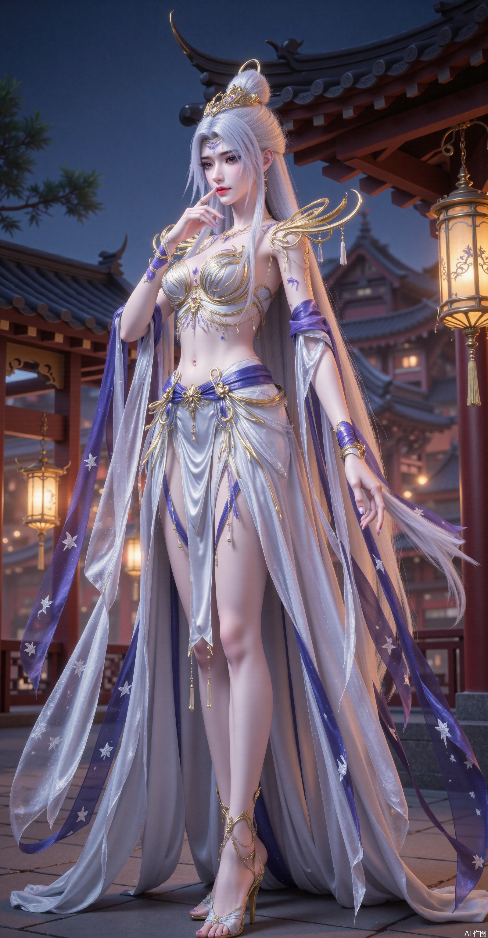 An elegant and noble silver-haired woman wears a华丽的(gorgeous) blue-and-white gown with golden embroidery and purple cuffs. Mysterious purple markings adorn her face, paired with an intricate golden headpiece and curved shoulder armor. Her flowing skirt features blue trim and white star patterns. With one hand touching her lips and the other hanging vertically downward, she stands against a backdrop of traditional Chinese architecture at night, illuminated by warm yellow lanterns that create a mystical and refined atmosphere. The artwork boasts exquisite details, 8K resolution, Unreal Engine rendering, and cinematic lighting.