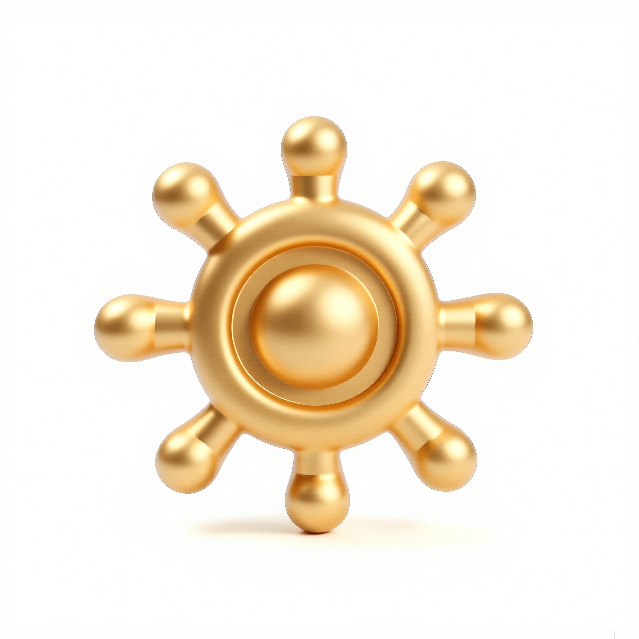 HJCZ,
A diminutive golden ship’s wheel, its eight spokes radiating from a polished hub. The white background isolates the nautical symbol, with light emphasizing the wheel’s radial symmetry.
