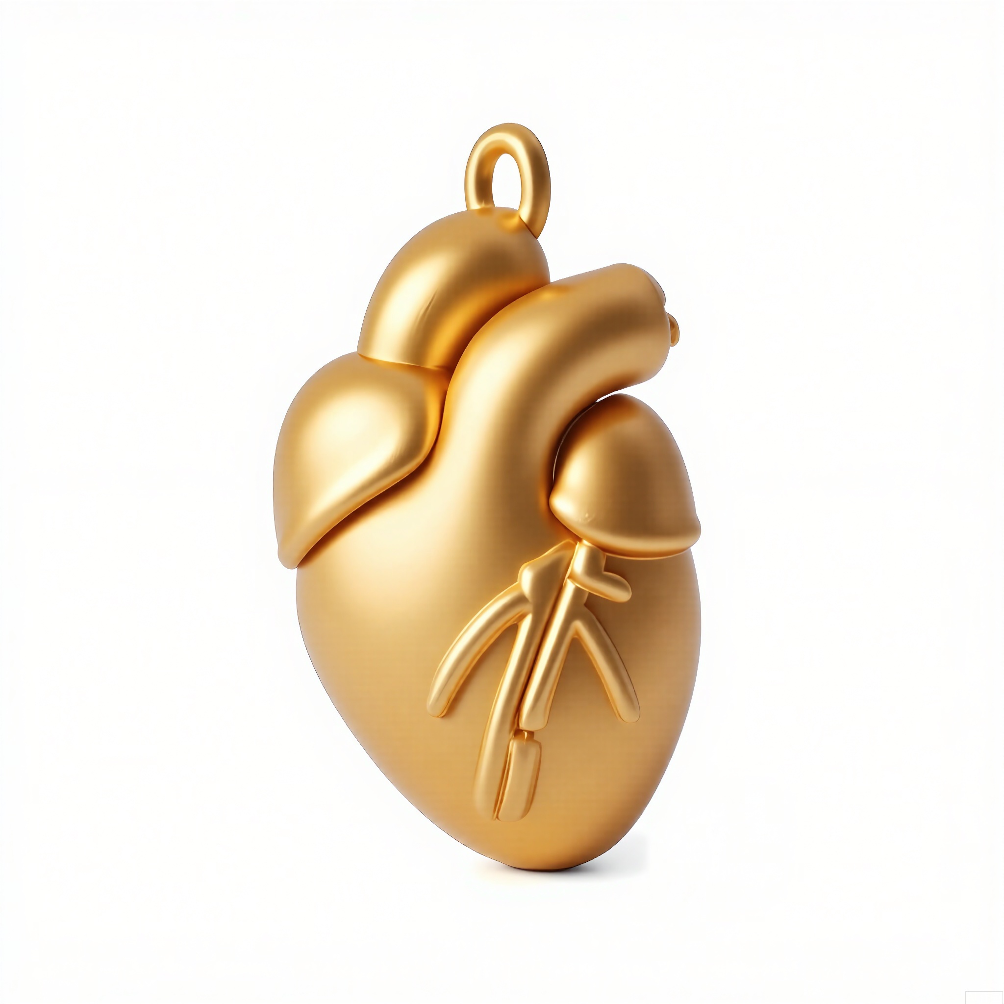 HJCZ,
A micro-golden anatomical heart pendant, detailed with veined textures. Suspended in white space, its chambers and arteries catch light to emphasize biological precision.
