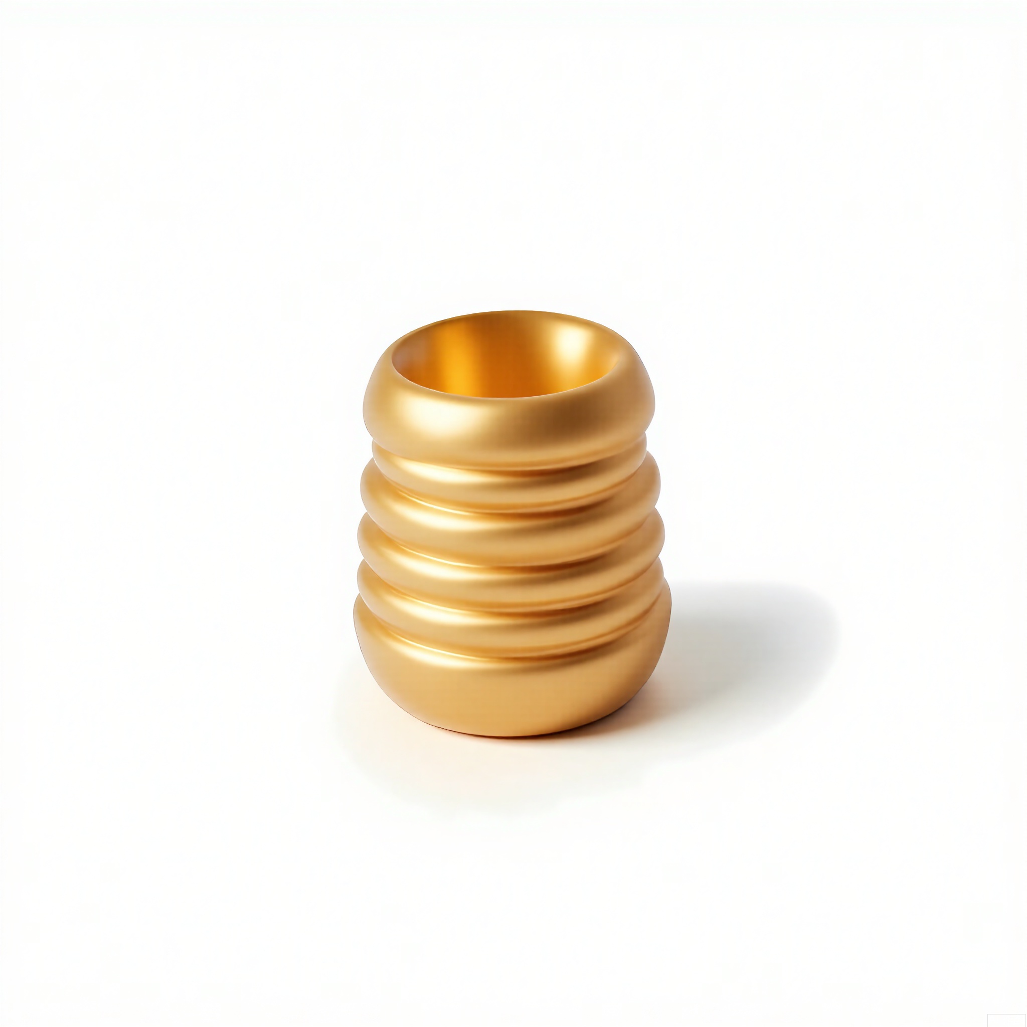 HJCZ,
A dainty golden thimble adorned with concentric ridges, centered on a white canvas. Raked light emphasizes its conical shape, reflecting a soft gradient from matte base to polished lip.

