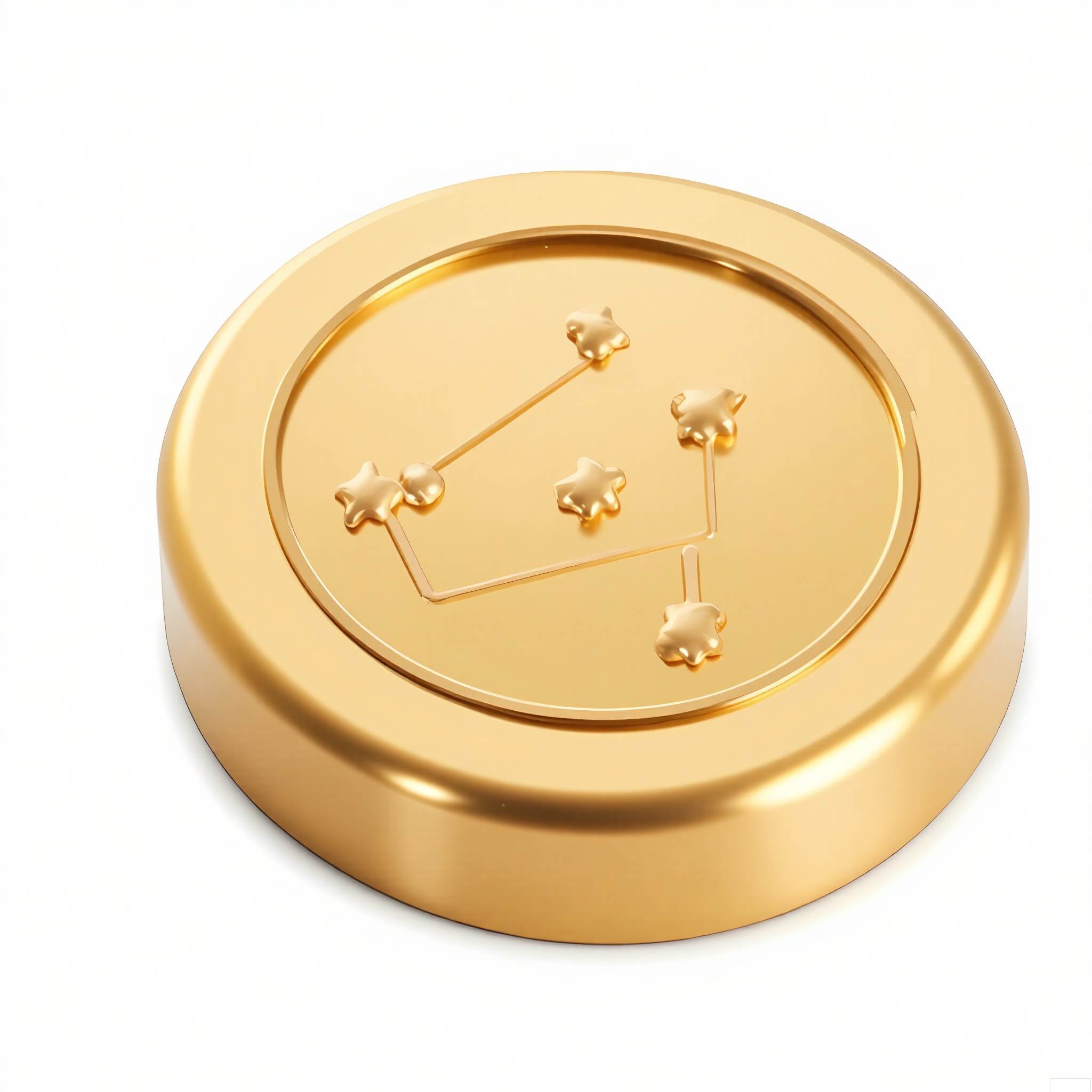 HJCZ,
A petite golden coin etched with a constellation map, floating above a white void. Diffuse lighting reveals micro-engraved stars and a milled edge, with no horizon line to distract.

