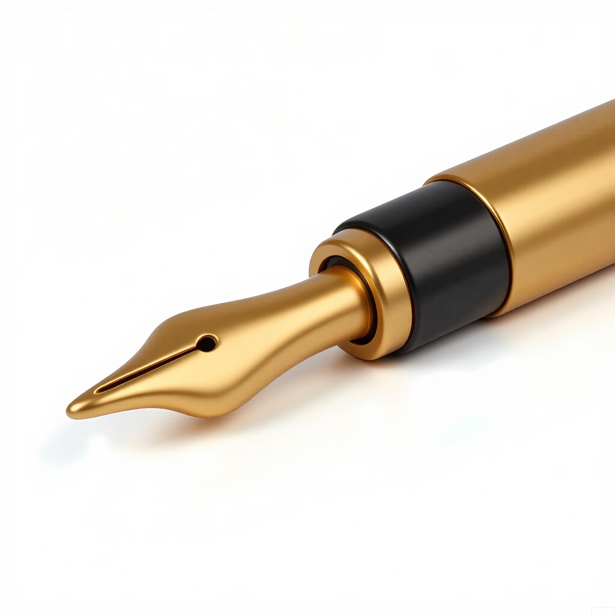 HJCZ,
A miniature golden fountain pen nib, its tip grazing white. Light emphasizes the slit’s precision and the tines’ gentle curve, with a faint shadow mimicking ink flow.

