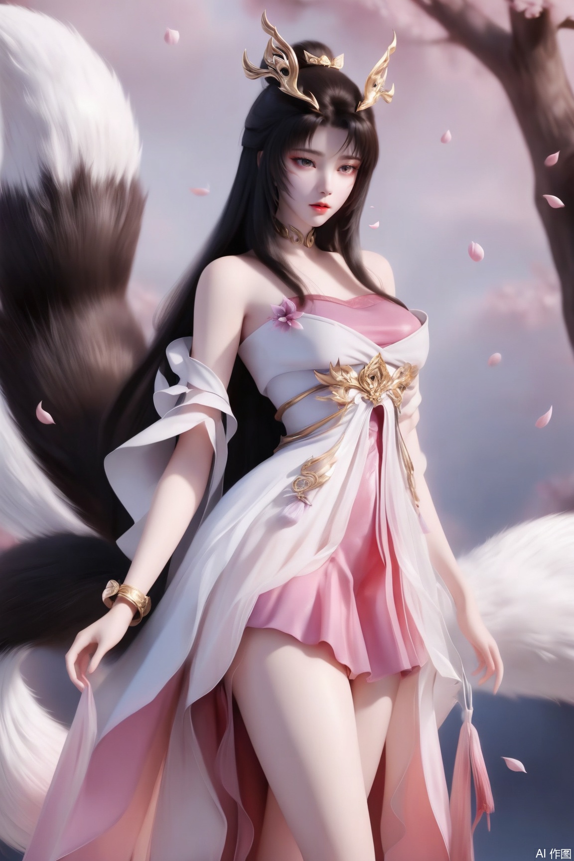1girl, solo, long hair, brown hair, black hair, hair ornament, dress, bare shoulders, jewelry, bracelet, bare legs, pink dress,fox tail, falling petals, 
masterpiece, best quality, absurdres, highres, amazing quality, very aesthetic,  newest, absurdres, highres, highly detailed, very aesthetic,