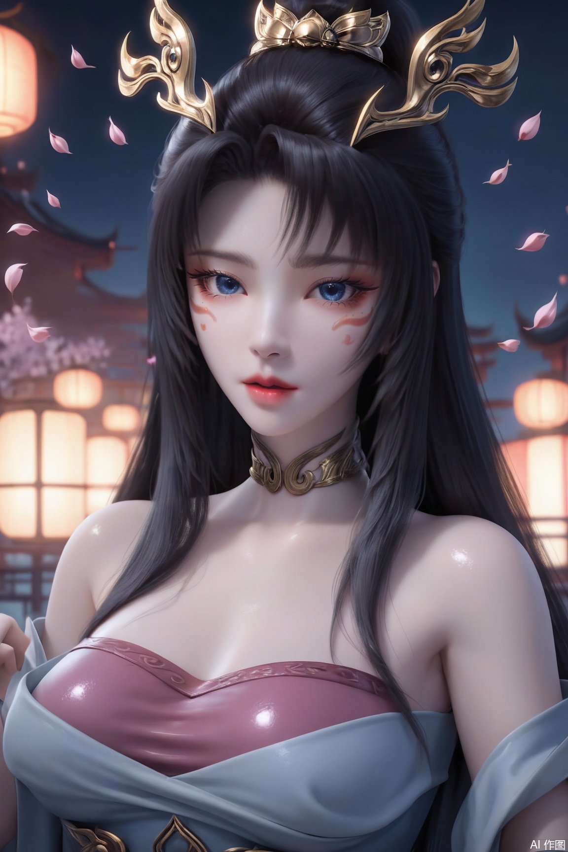 1girl, solo, long hair, looking at viewer, blue eyes, black hair, hair ornament, dress, bare shoulders, upper body, choker, shiny, night, facial mark,  chinese clothes, falling petals, 
masterpiece, best quality, absurdres, highres, amazing quality, very aesthetic,  newest, absurdres, highres, highly detailed, very aesthetic,