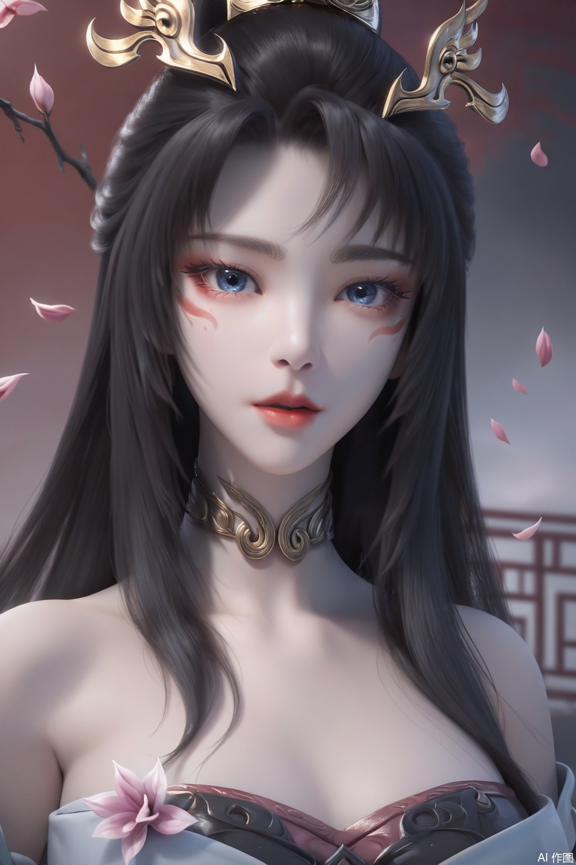 1girl, solo, long hair, looking at viewer, blue eyes, black hair, hair ornament, dress, bare shoulders, upper body, choker, facial mark,  chinese clothes, falling petals, 
masterpiece, best quality, absurdres, highres, amazing quality, very aesthetic,  newest, absurdres, highres, highly detailed, very aesthetic,