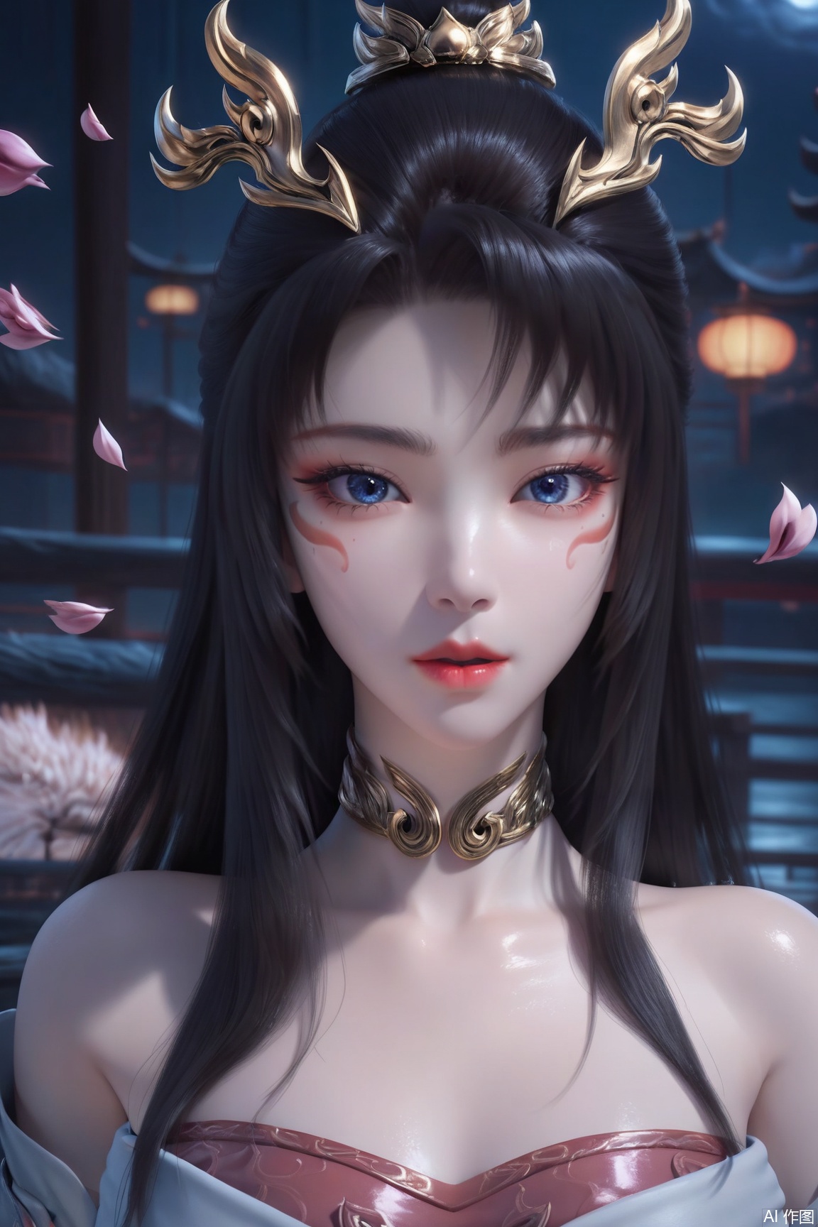 1girl, solo, long hair, looking at viewer, blue eyes, black hair, hair ornament, dress, bare shoulders, upper body, choker, shiny, night, facial mark,  chinese clothes, falling petals, 
masterpiece, best quality, absurdres, highres, amazing quality, very aesthetic,  newest, absurdres, highres, highly detailed, very aesthetic,