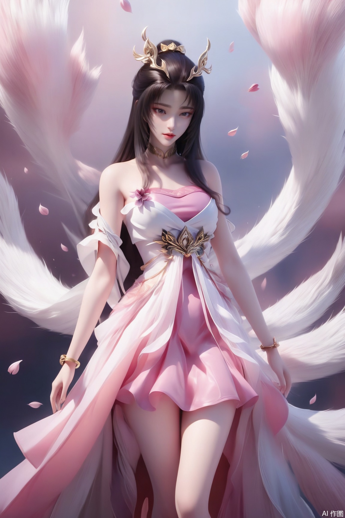 1girl, solo, long hair, brown hair, black hair, hair ornament, dress, bare shoulders, jewelry, bracelet, bare legs, pink dress, falling petals, 
masterpiece, best quality, absurdres, highres, amazing quality, very aesthetic,  newest, absurdres, highres, highly detailed, very aesthetic,