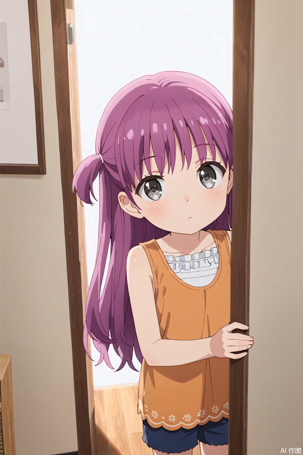 1girl, solo, long hair, looking at viewer, purple hair, shorts, grey eyes, one side up, peeking out,loli