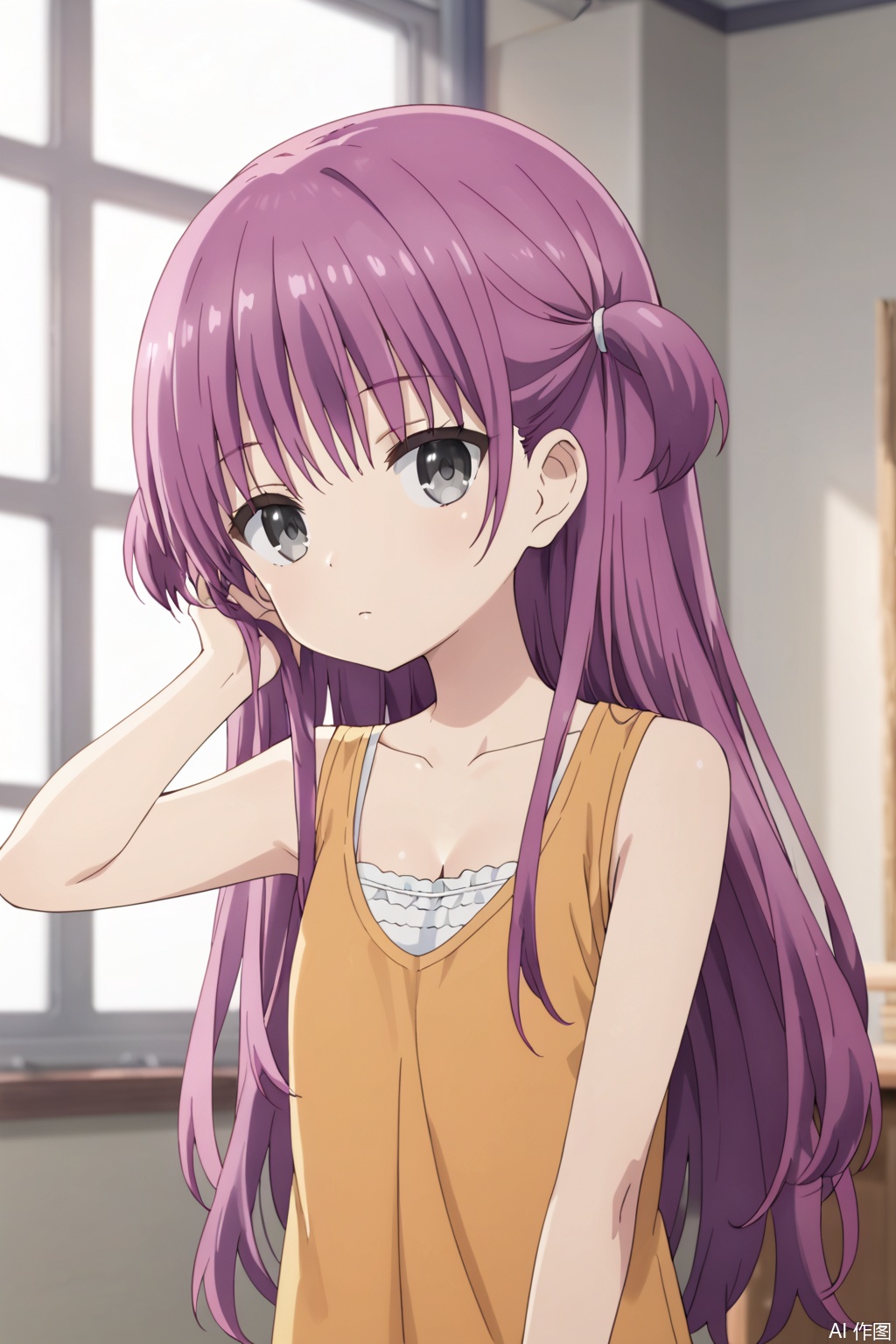 1girl,solo,long hair,collarbone,purple hair,sleeveless,two side up,grey eyes,,looking at viewer,upper body,traditional media,loli,flat_chest,((slim:1.6)),(skinny:1.2),masterpiece,best quality,official art,extremely detailed CG unity 8k wallpaper,(Let loose hair:1.4),adjusting hair,(cleavage:1.2),(profile:0.7),expressionless eyes,expressionless,classroom,Indoor,Window,Sunshine,