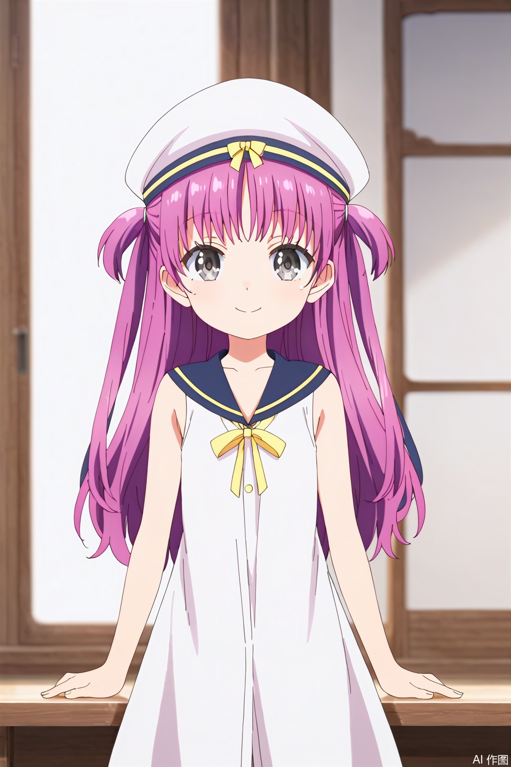1girl, solo, long hair, looking at viewer, smile, hat, dress, bow, ribbon, purple hair, sleeveless, sailor collar, white dress, two side up, grey eyes, white headwear, sailor dress, masterpiece,best quality,official art,extremely detailed CG unity 8k wallpaper, loli