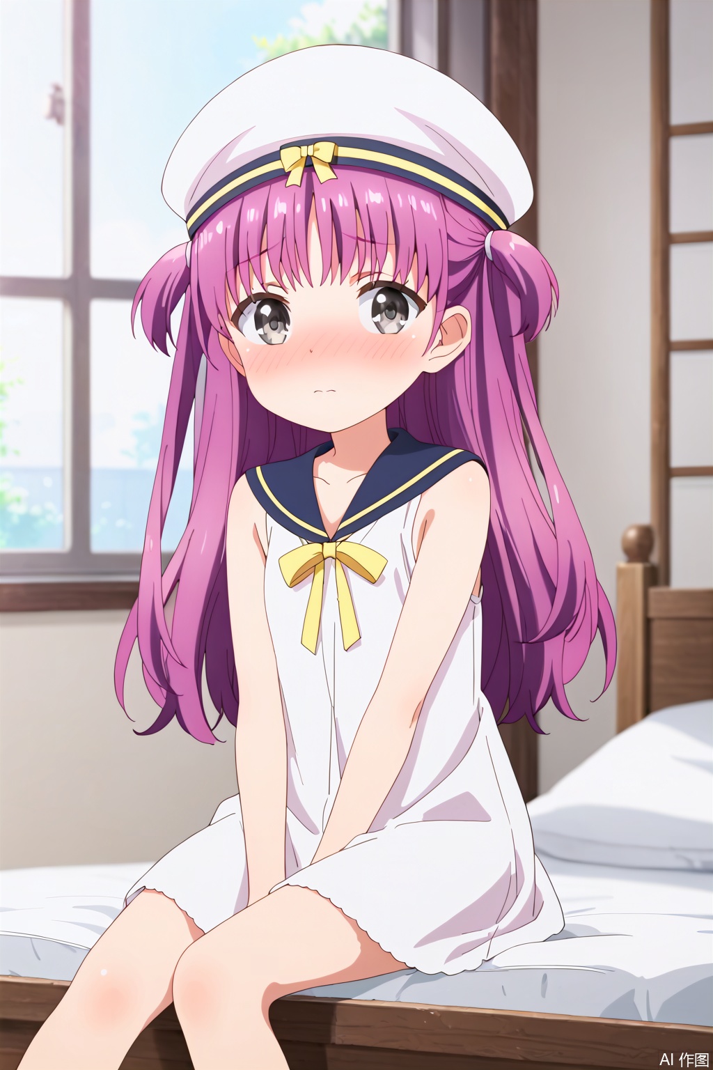 1girl, solo, long hair, looking at viewer,, hat, dress, bow, ribbon, purple hair, sleeveless, sailor collar, white dress, two side up, grey eyes, white headwear, sailor dress, masterpiece,best quality,official art,extremely detailed CG unity 8k wallpaper, loli,embarrassed , blush, shy, nose blush , on the bed,Indoor,Window,Village,Sunshine,sit,(Thin legs:1.2),loli