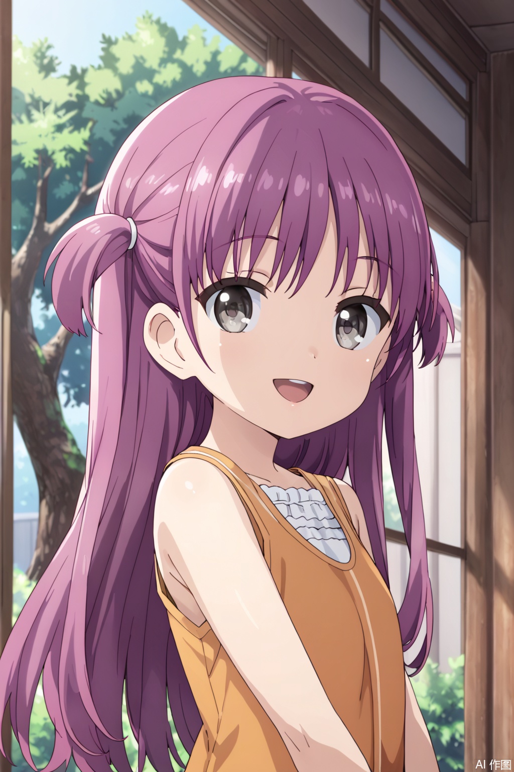 1girl, solo, long hair, looking at viewer, smile, open mouth, dress, brown eyes, upper body, purple hair, :d, sleeveless, two side up, tree, grey eyes, window