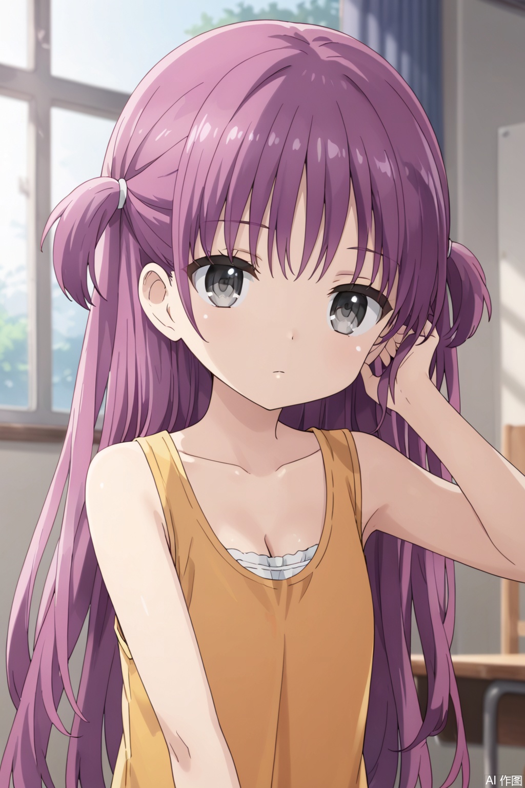 1girl,solo,long hair,collarbone,purple hair,sleeveless,two side up,grey eyes,,looking at viewer,upper body,traditional media,loli,flat_chest,((slim:1.6)),(skinny:1.2),masterpiece,best quality,official art,extremely detailed CG unity 8k wallpaper,(Let loose hair:1.4),adjusting hair,(cleavage:1.2),(profile:0.7),expressionless eyes,expressionless,classroom,Indoor,Window,Sunshine,