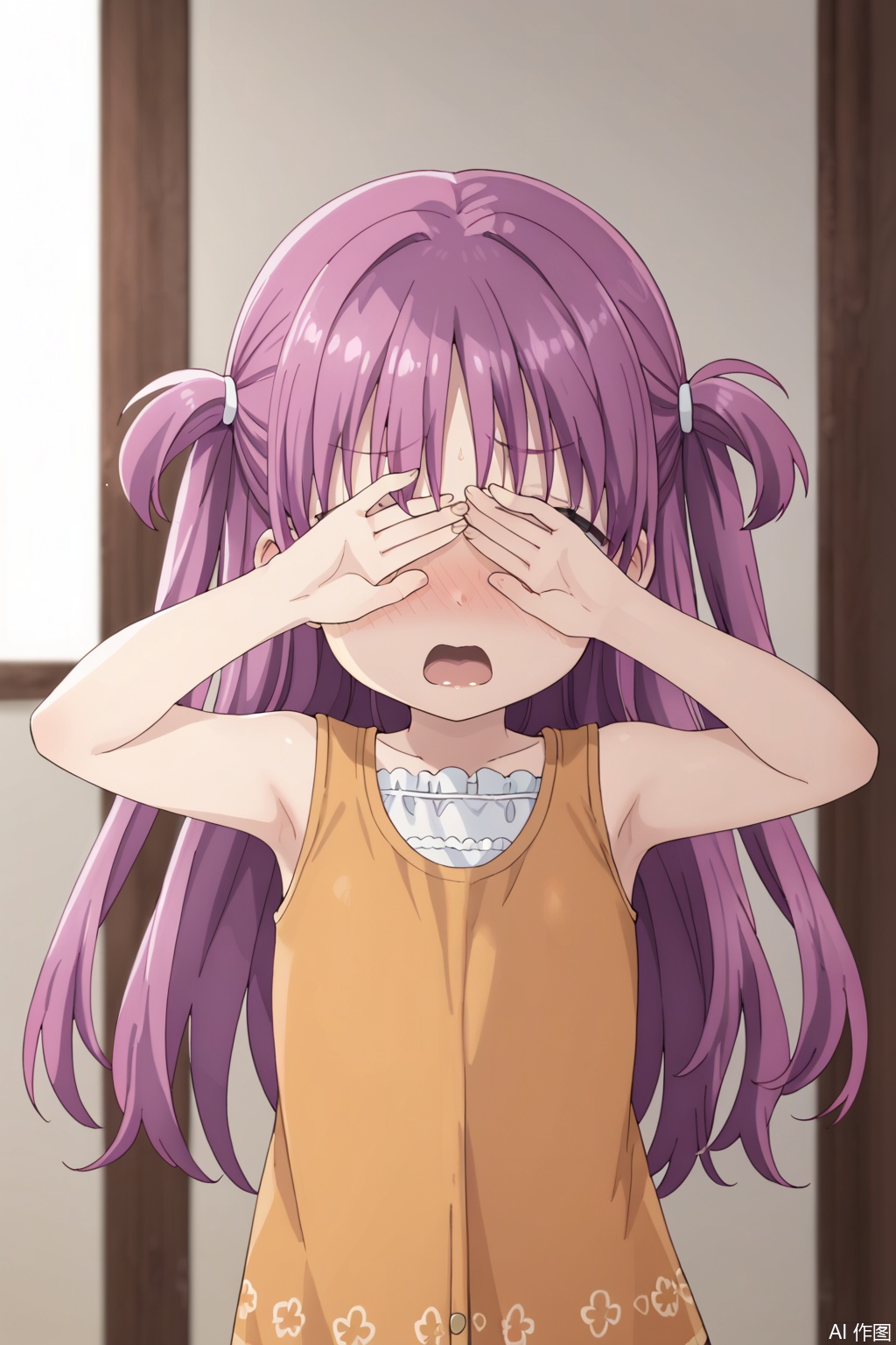 1girl, solo, long hair, blush, open mouth, purple hair, two side up, embarrassed, covering face, covering own eyes,loli