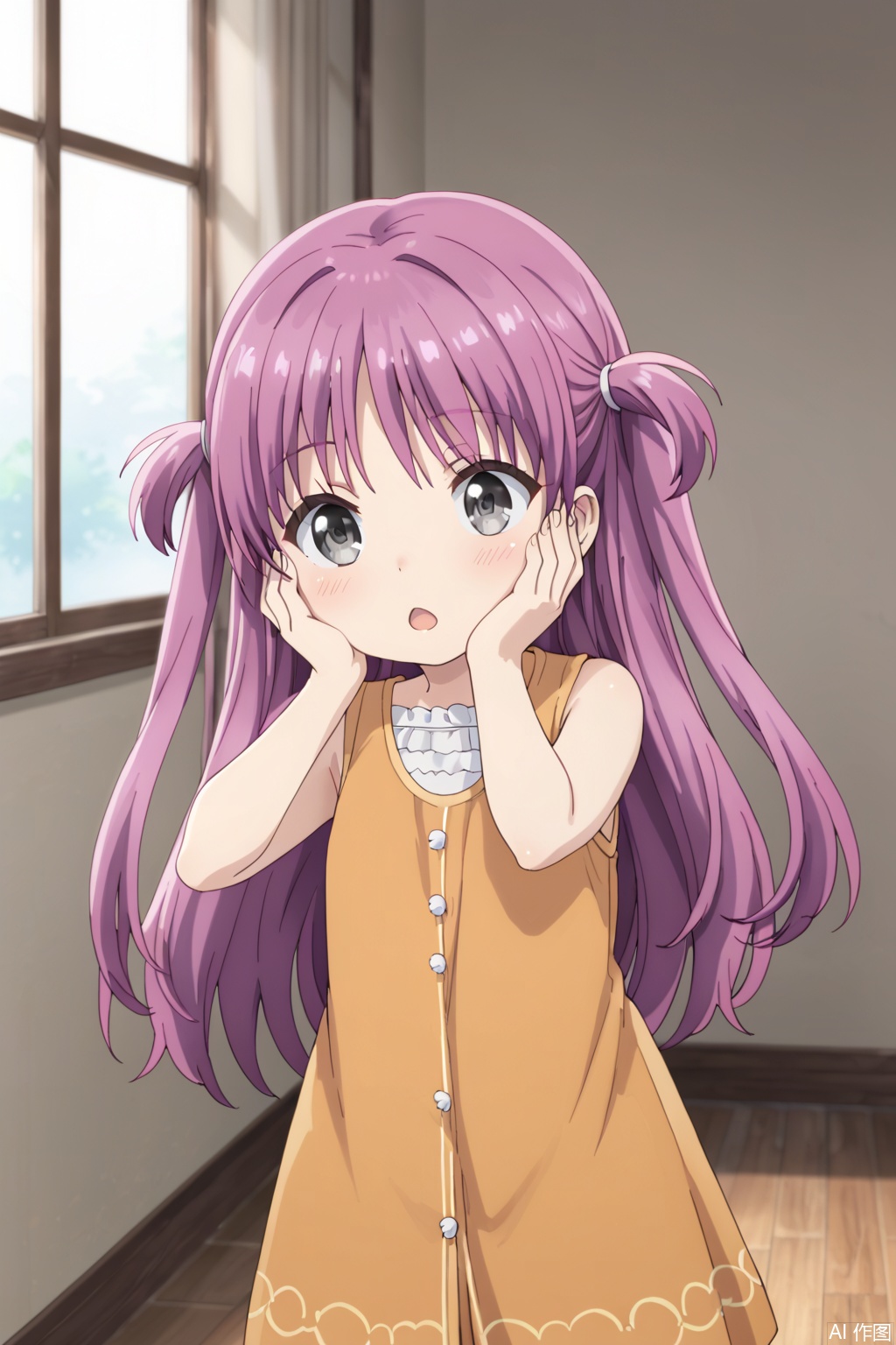 1girl, solo, long hair, blush, open mouth, dress, purple hair, sleeveless, indoors, :o, two side up, grey eyes, window, hands on own face, hands on own cheeks,loli


