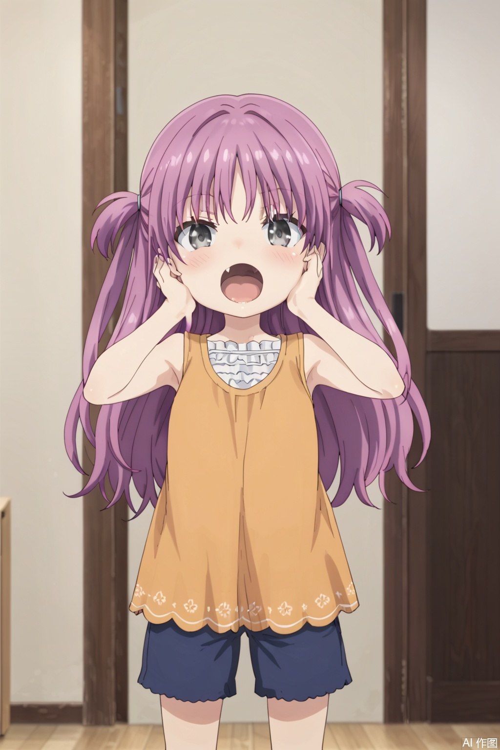 1girl, solo, long hair, looking at viewer, blush, open mouth, purple hair, shorts, fang, indoors, two side up, grey eyes, child, door, hands on own face