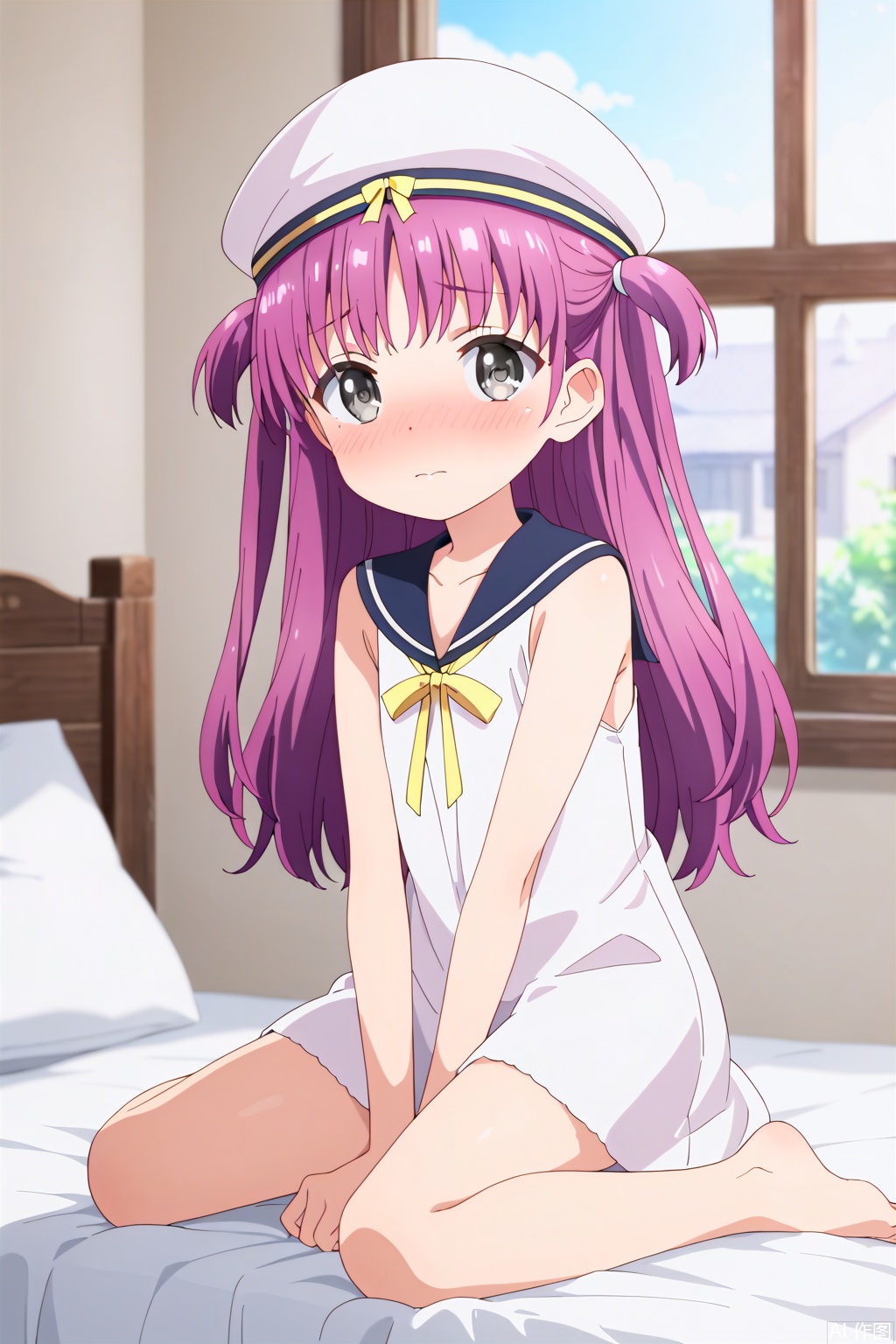 1girl, solo, long hair, looking at viewer,, hat, dress, bow, ribbon, purple hair, sleeveless, sailor collar, white dress, two side up, grey eyes, white headwear, sailor dress, masterpiece,best quality,official art,extremely detailed CG unity 8k wallpaper, loli,embarrassed , blush, shy, nose blush , on the bed,Indoor,Window,Village,Sunshine,sit,(Thin legs:1.2),loli