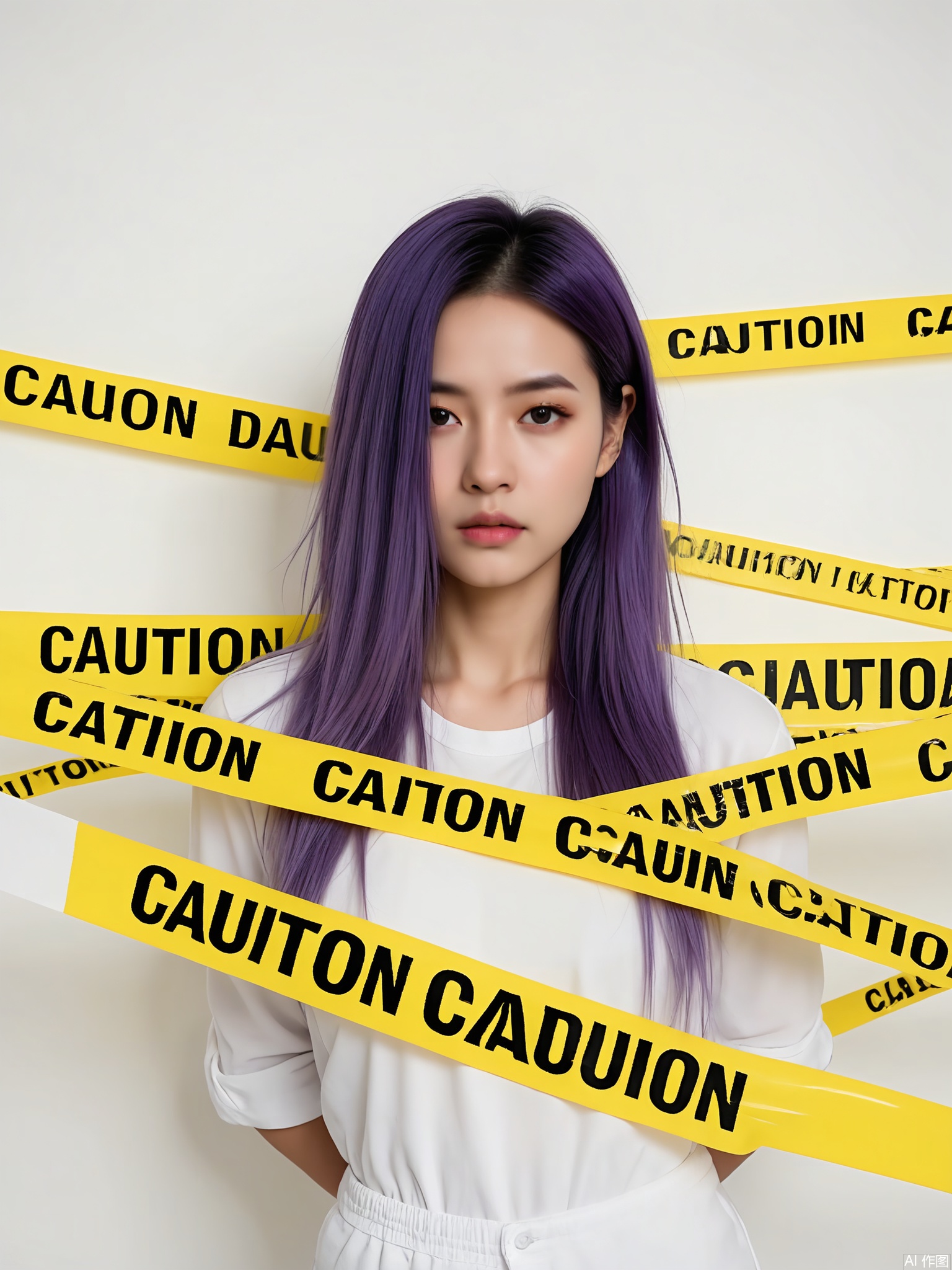 JDKB, An androgynous individual with long, flowing purple hair stands against a clean white wall. They are unadorned except for yellow caution tape wrapped around them, bearing the words "CAUTION" and "DANGER". Their face is expressionless, looking directly at the camera. The lighting is soft yet focused.

