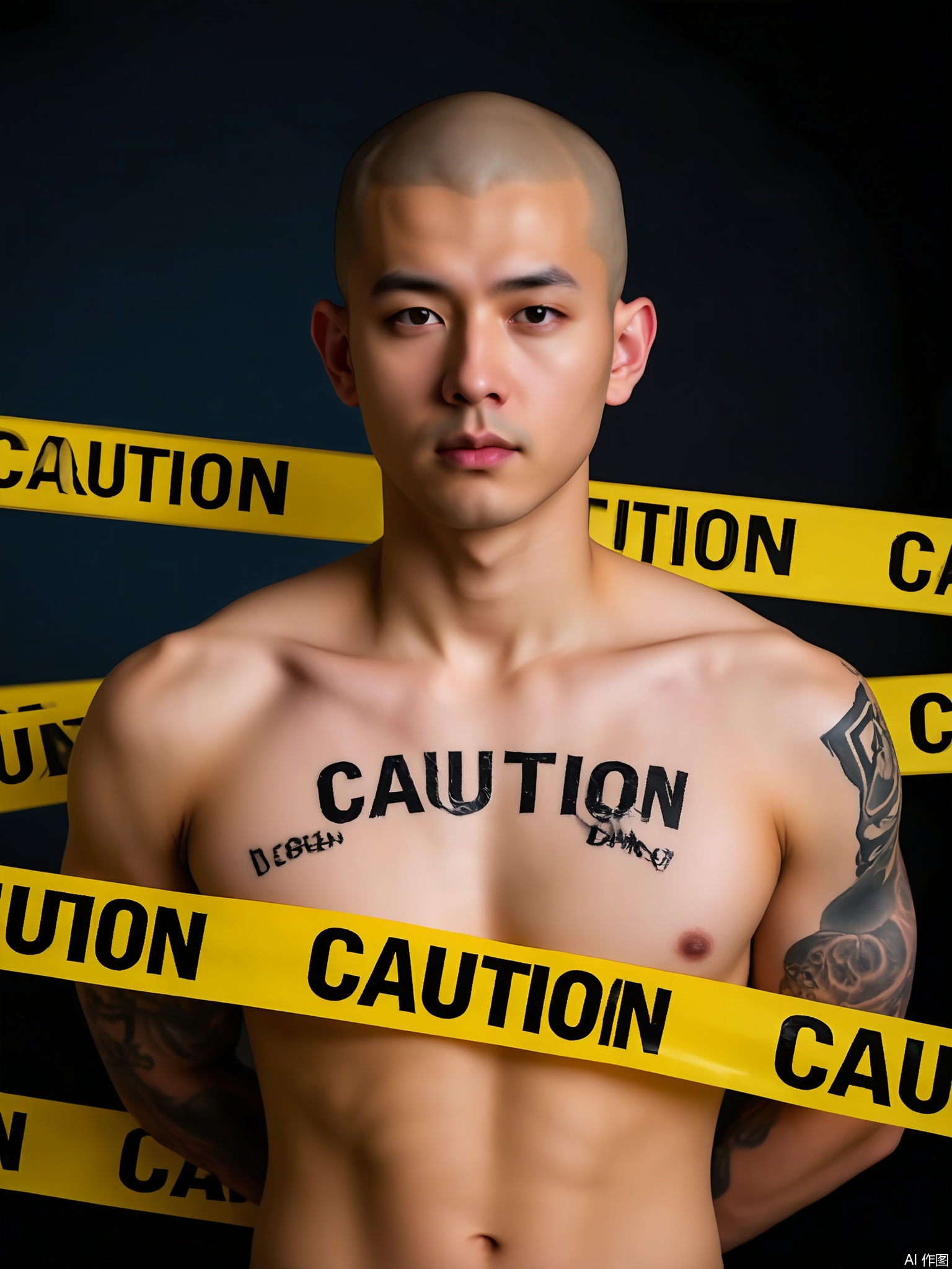 JDKB, A person with a shaved head and a tattooed arm stands against a dark blue background. They are unclothed, with yellow caution tape tightly wrapped around them, the words "CAUTION" and "DANGER" in clear view. Their expression is contemplative, looking directly at the lens. The lighting is soft, creating a dreamy atmosphere.
