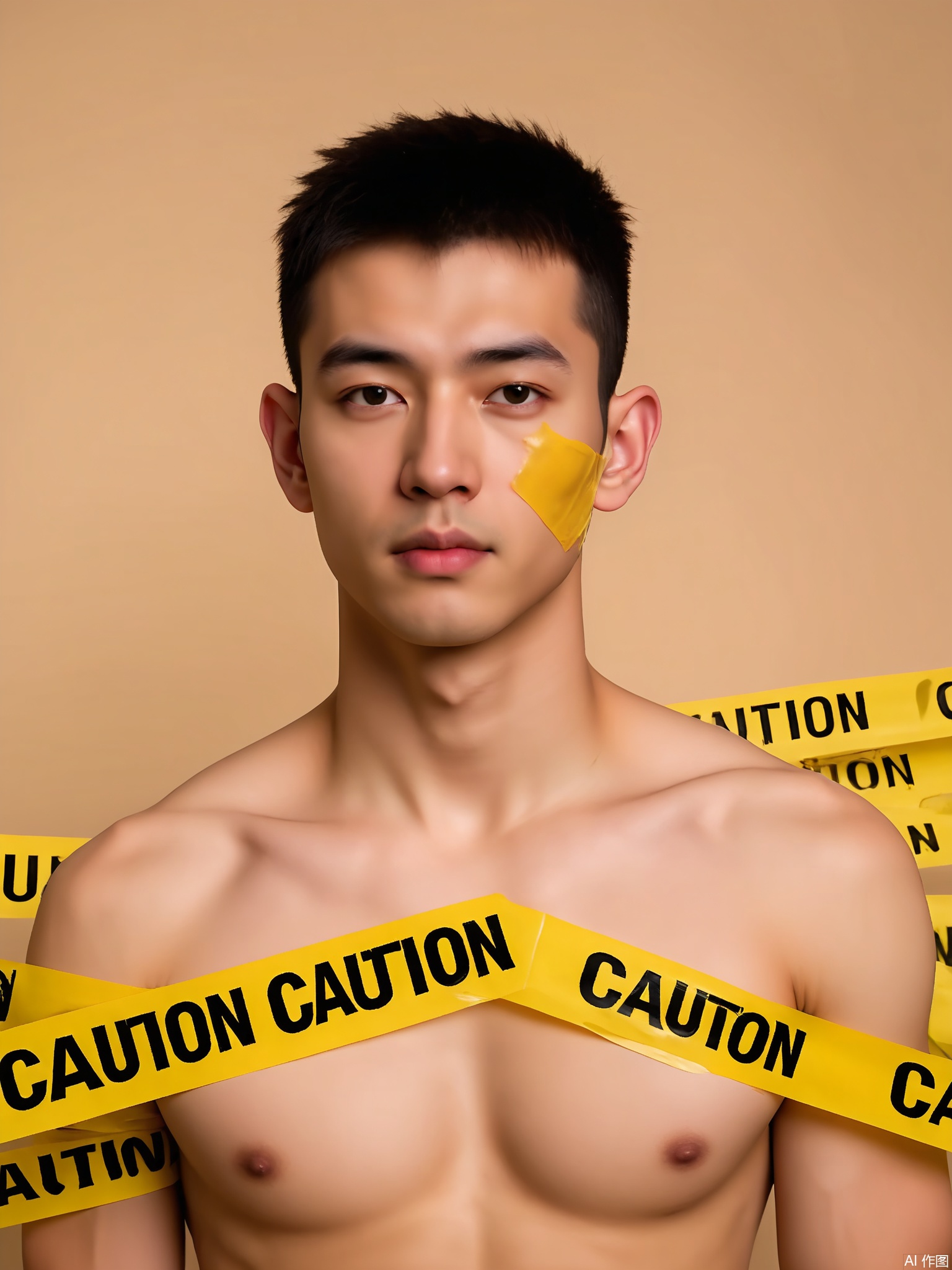 JDKB, A young man with a buzz cut and a lean physique stands against a plain beige backdrop. He is unclad, yellow caution tape wound around him, the words "CAUTION" and "DANGER" prominent. His face is calm, looking straight at the camera. The lighting is even, giving a sense of balance.
