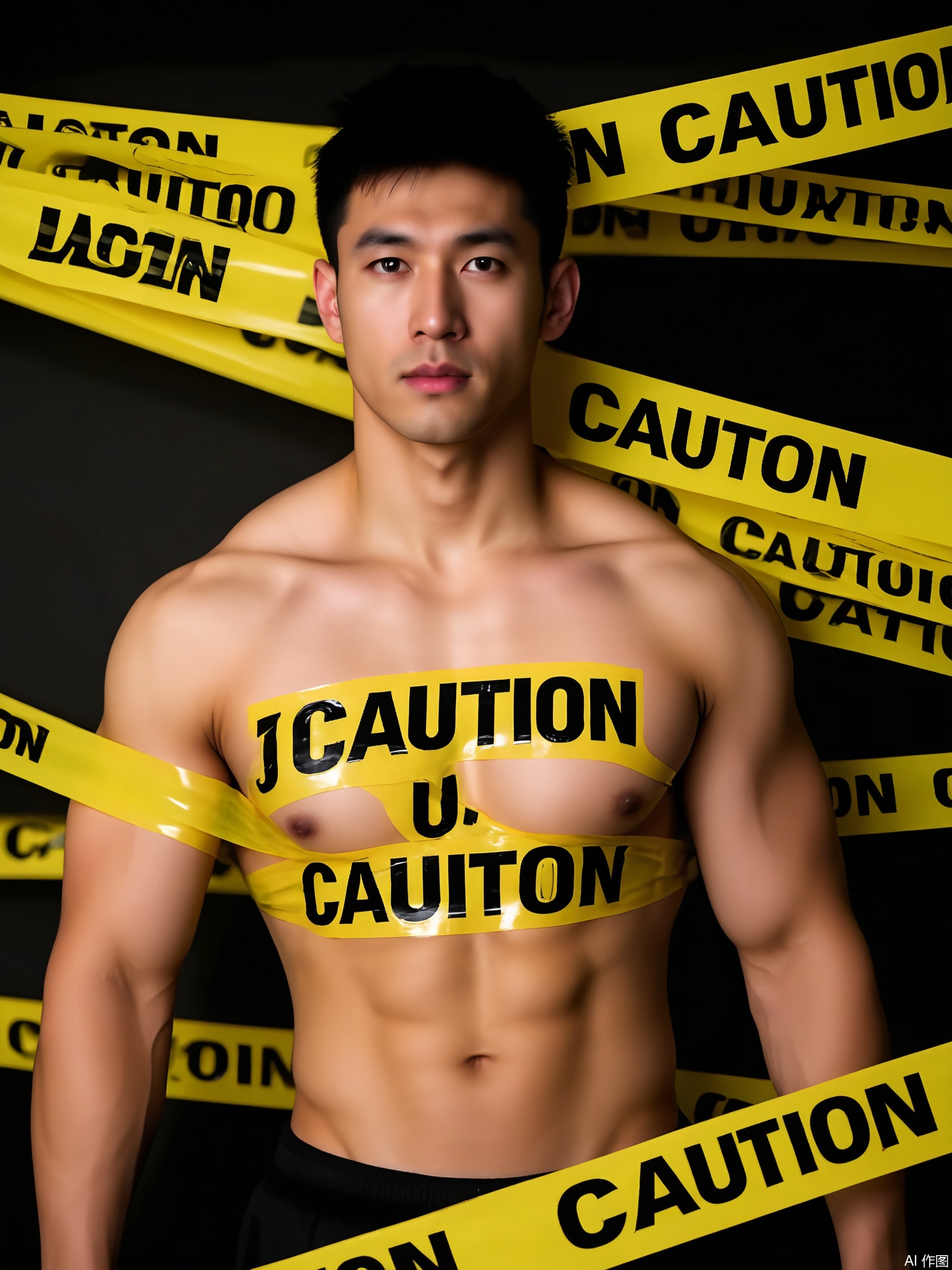 JDKB, A man with a muscular build stands against a black background. He is unclad, with yellow caution tape around him, the words "CAUTION" and "DANGER" on it. His stance is confident, looking at the camera. The lighting is high - contrast, emphasizing the tape.
