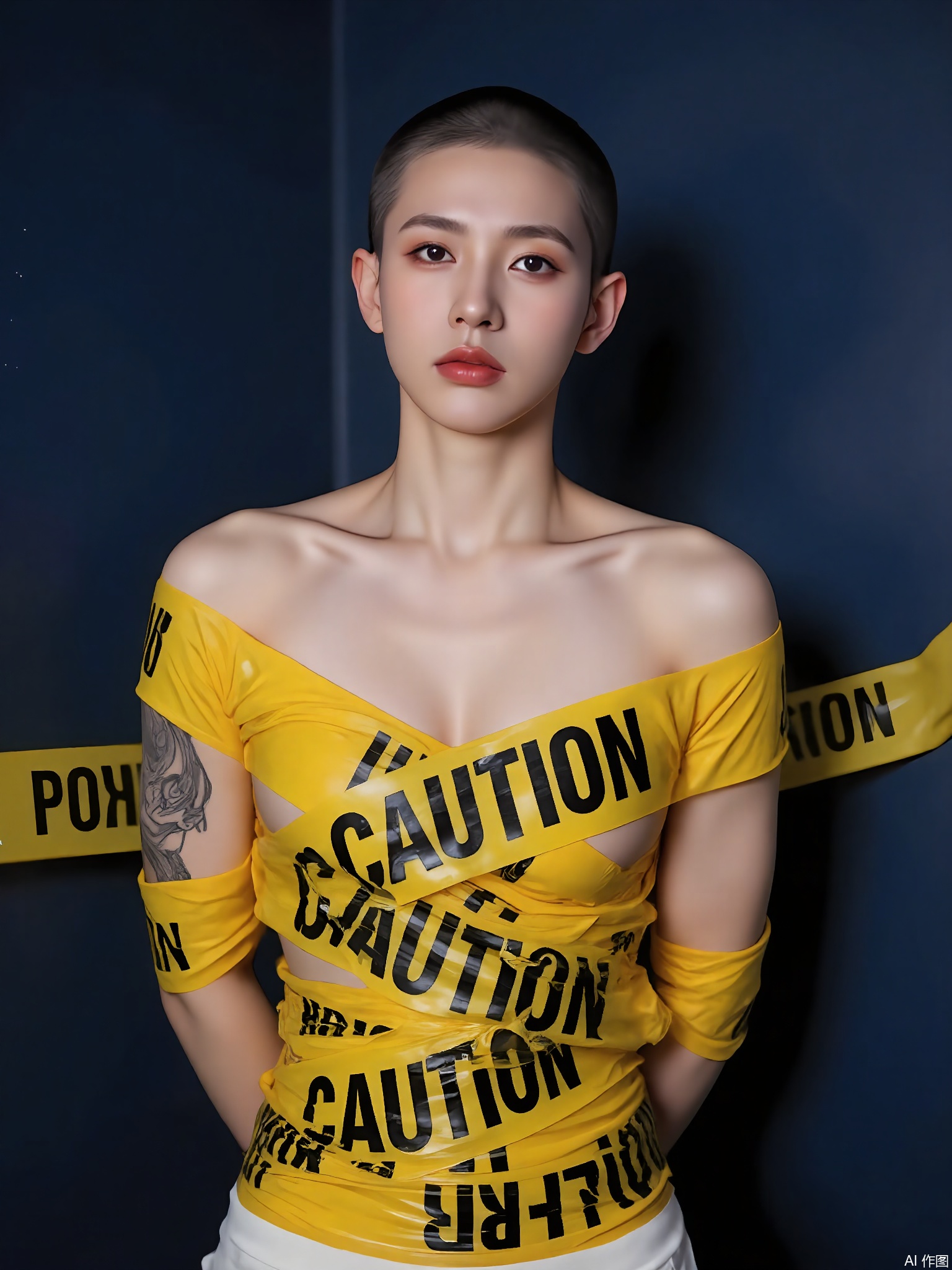 JDKB,
A person with a shaved head and a tattooed arm stands against a dark blue background. They are unclothed, with yellow caution tape tightly wrapped around them, the words "CAUTION" and "DANGER" in clear view. Their expression is contemplative, looking directly at the lens. The lighting is soft, creating a dreamy atmosphere.
