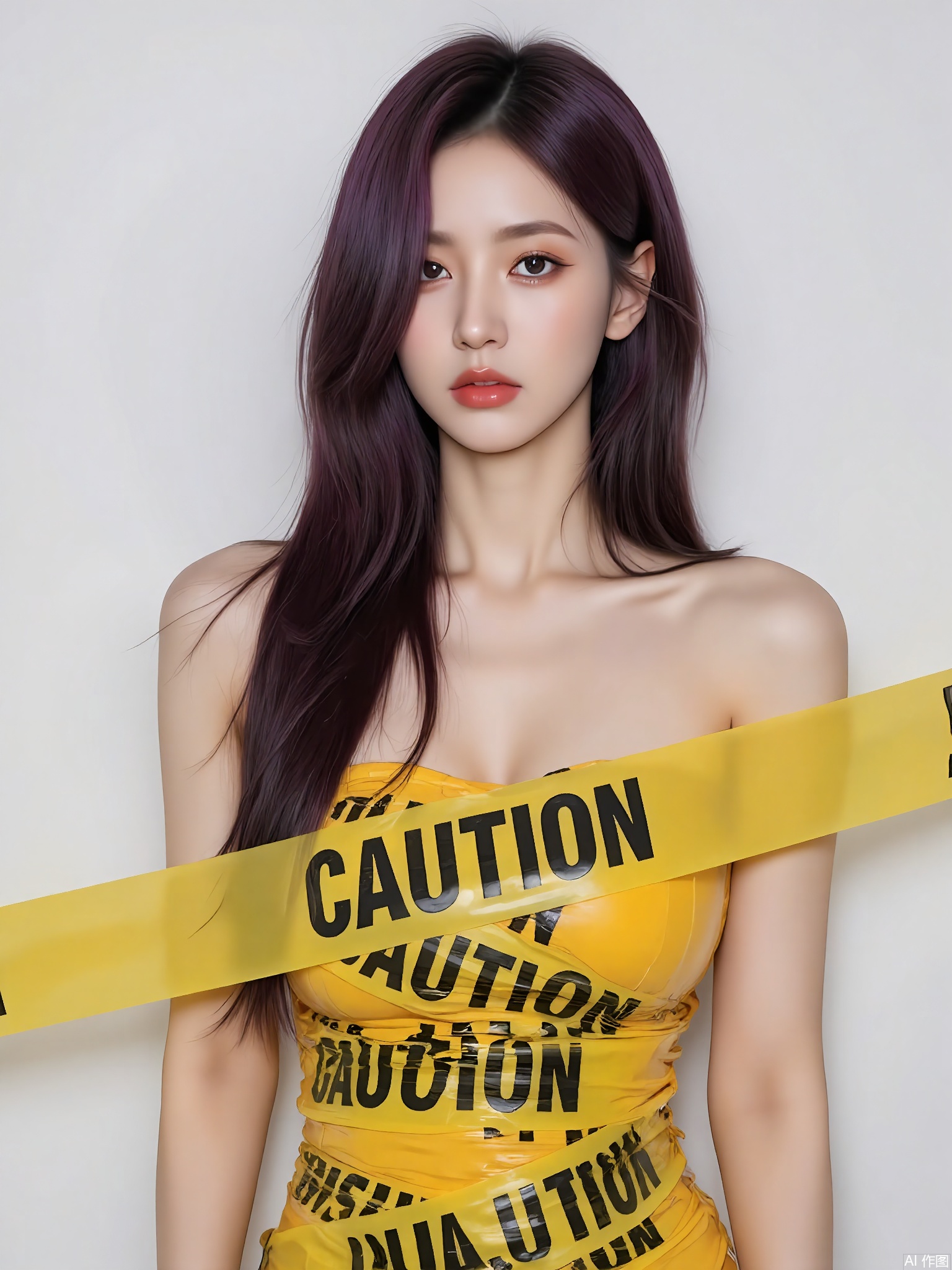 JDKB,
An androgynous individual with long, flowing purple hair stands against a clean white wall. They are unadorned except for yellow caution tape wrapped around them, bearing the words "CAUTION" and "DANGER". Their face is expressionless, looking directly at the camera. The lighting is soft yet focused.
