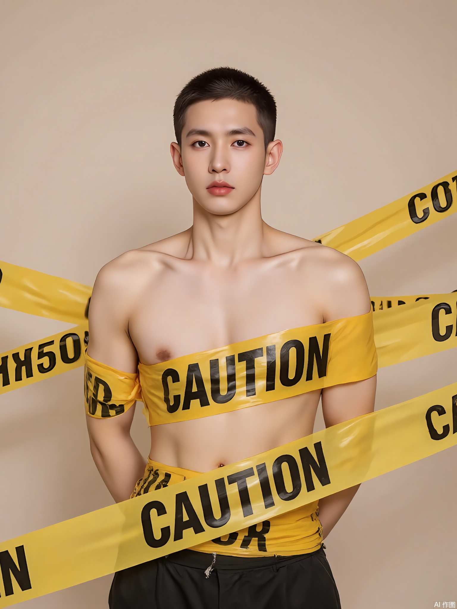 JDKB,
A young man with a buzz cut and a lean physique stands against a plain beige backdrop. He is unclad, yellow caution tape wound around him, the words "CAUTION" and "DANGER" prominent. His face is calm, looking straight at the camera. The lighting is even, giving a sense of balance.
