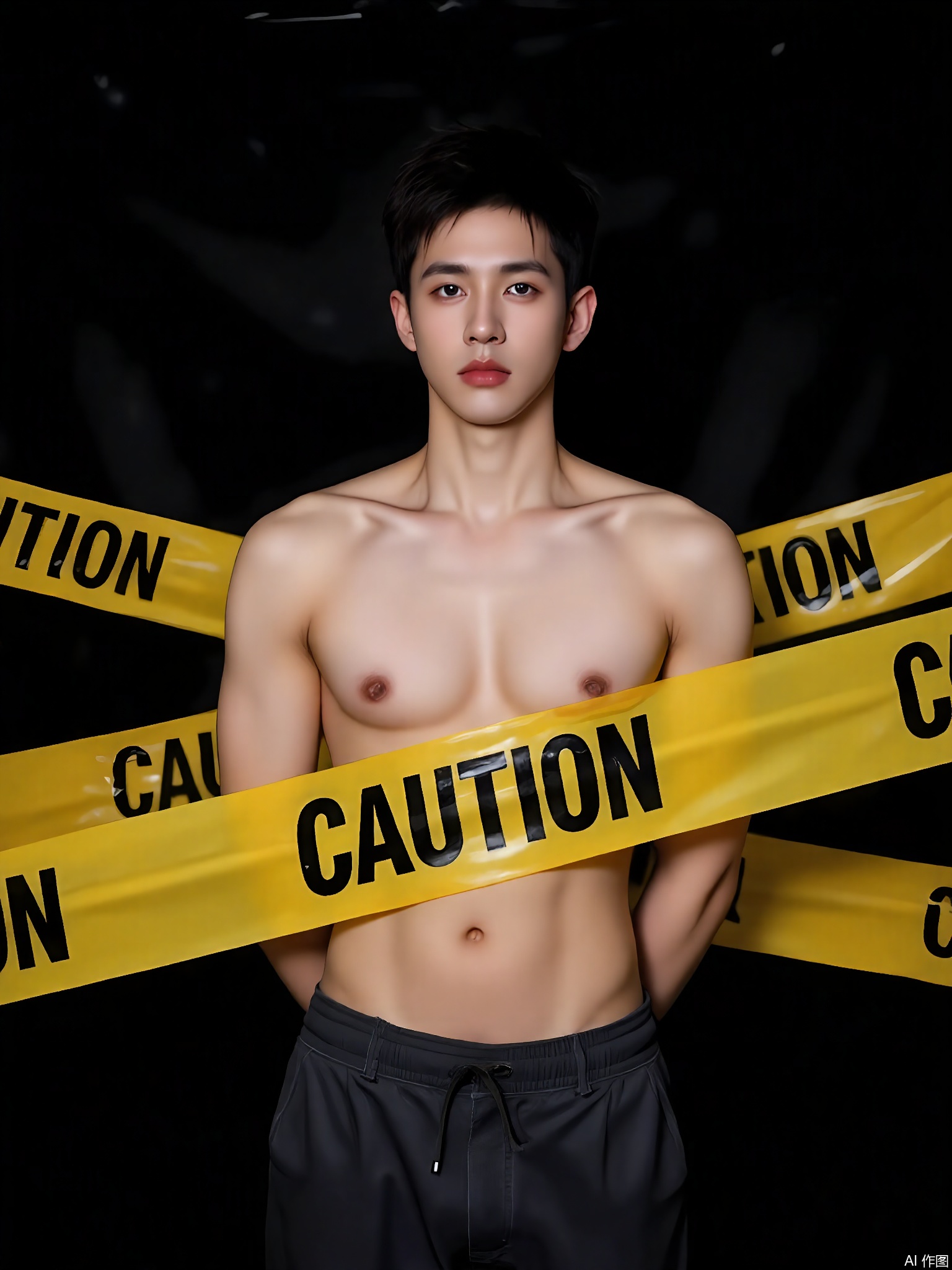 JDKB,
A man with a muscular build stands against a black background. He is unclad, with yellow caution tape around him, the words "CAUTION" and "DANGER" on it. His stance is confident, looking at the camera. The lighting is high - contrast, emphasizing the tape.
