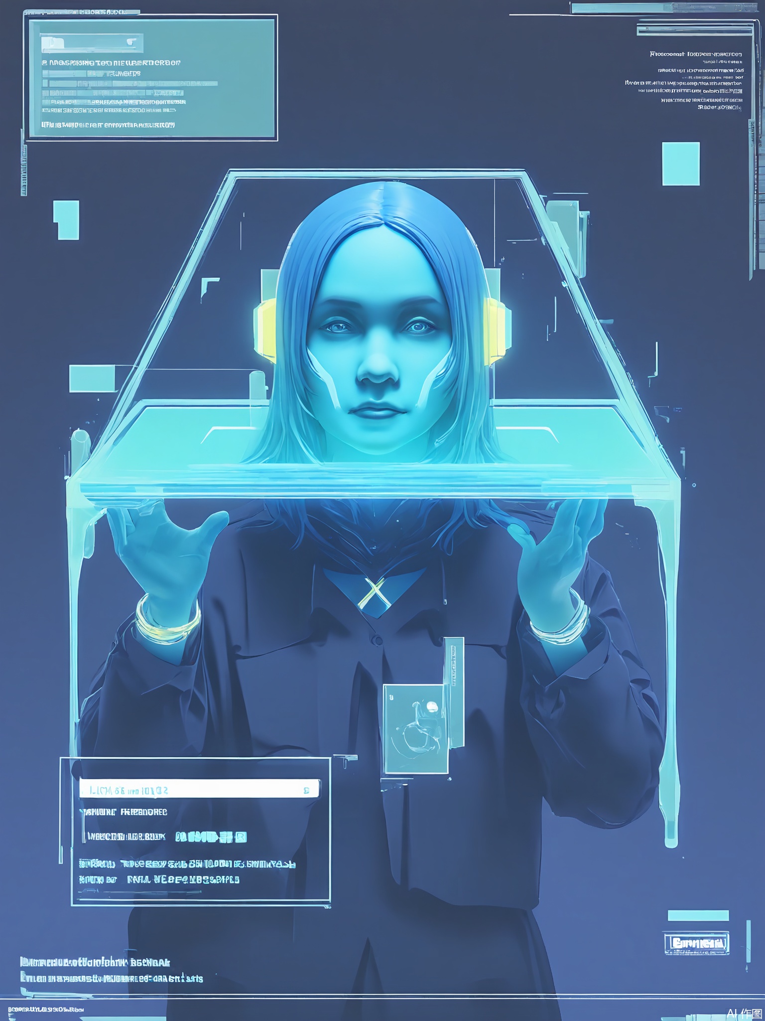 SBPK, A digital masterpiece presenting a close-up of a face inside a glowing cobalt frame. The face is illuminated by a cool, blue light, making it pop against the dark, futuristic library. The person sports a formal outfit with embedded tech and a holographic book, surrounded by floating data cubes and ancient texts. The artwork embodies a cyberpunk style with neon radiance and a scholarly, mysterious mood.

