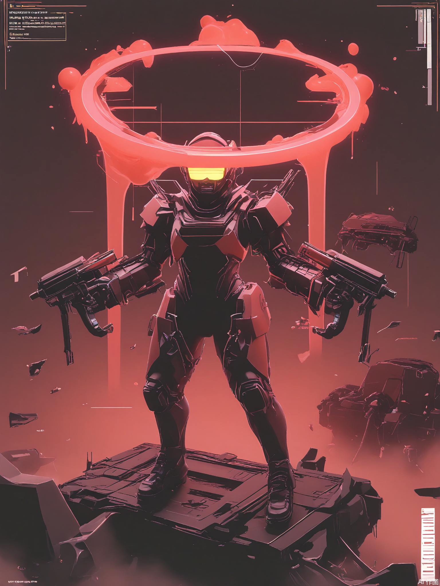 SBPK, A digital artwork showcasing a close-up of a face encased in a pulsating crimson frame. The face is lit by a fierce, scarlet light, contrasting with the dark, war-torn battlefield. The figure wears a reinforced battlesuit and a visor displaying enemy data, surrounded by explosions and debris. The image has a cyberpunk aesthetic with neon accents and a chaotic, intense vibe.

