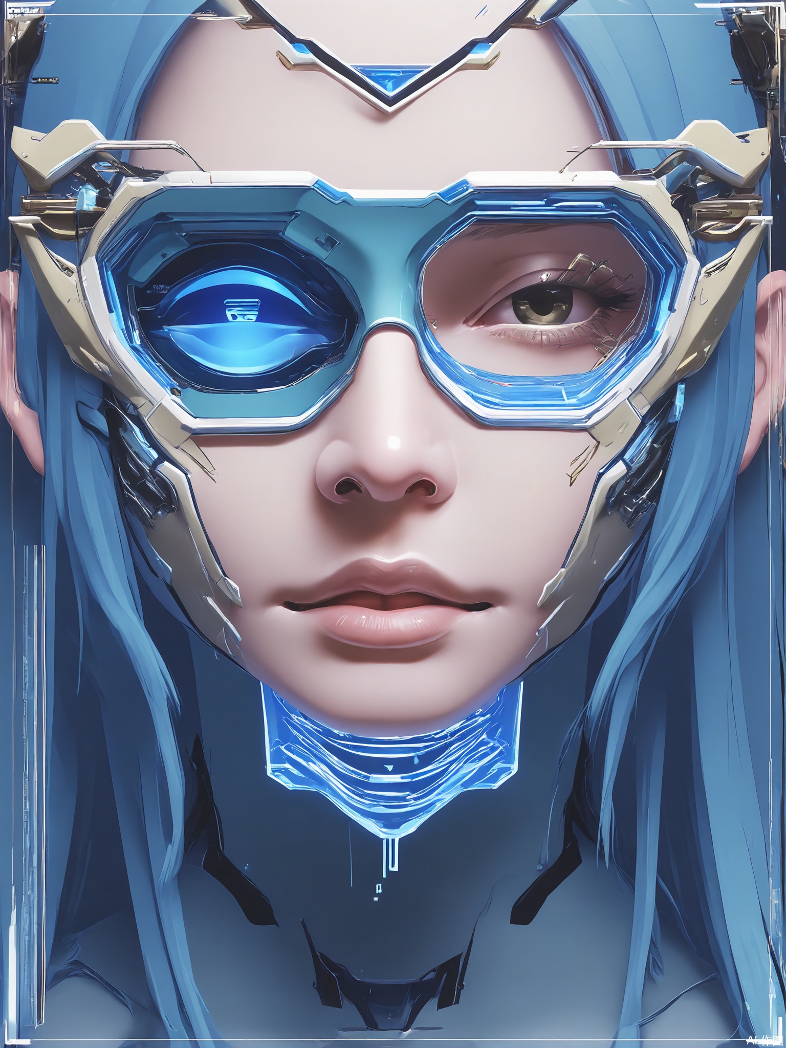 SBPK, A close-up portrait of a cybernetically augmented woman with biomechanical facial tattoos inside a pulsating magenta frame. Her mechanical eye glows cobalt blue against a rain-soaked alleyway backdrop filled with flickering holographic advertisements.

