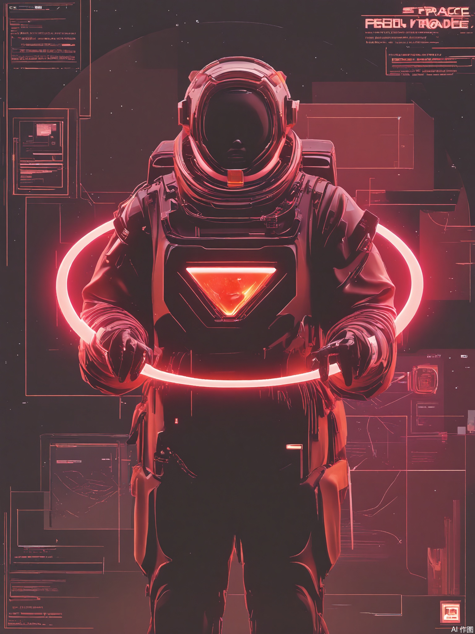 SBPK, A digital piece depicting a close-up of a face inside a glowing ruby frame. The face is illuminated by a deep, red glow, standing out against the dark, futuristic space station. The person dons a spacesuit with integrated tech and a holographic control panel, surrounded by floating data streams and stars. The artwork has a cyberpunk flair with neon highlights and a vast, cosmic vibe.

