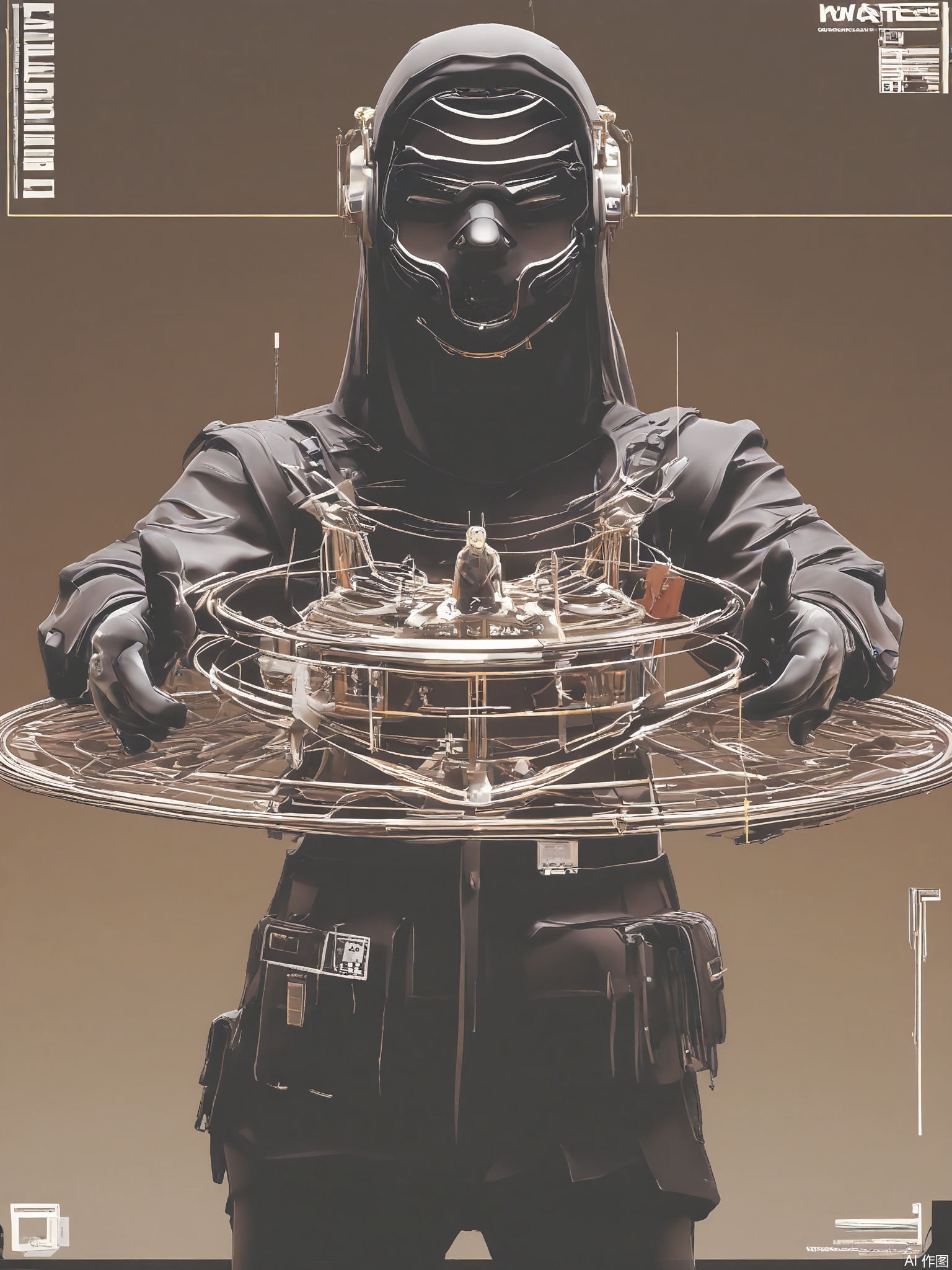 SBPK, A masked architect with 3D-printing gloves gestures within a cerulean frame. The studio shows collapsing city models and self-assembling nano-structures.

