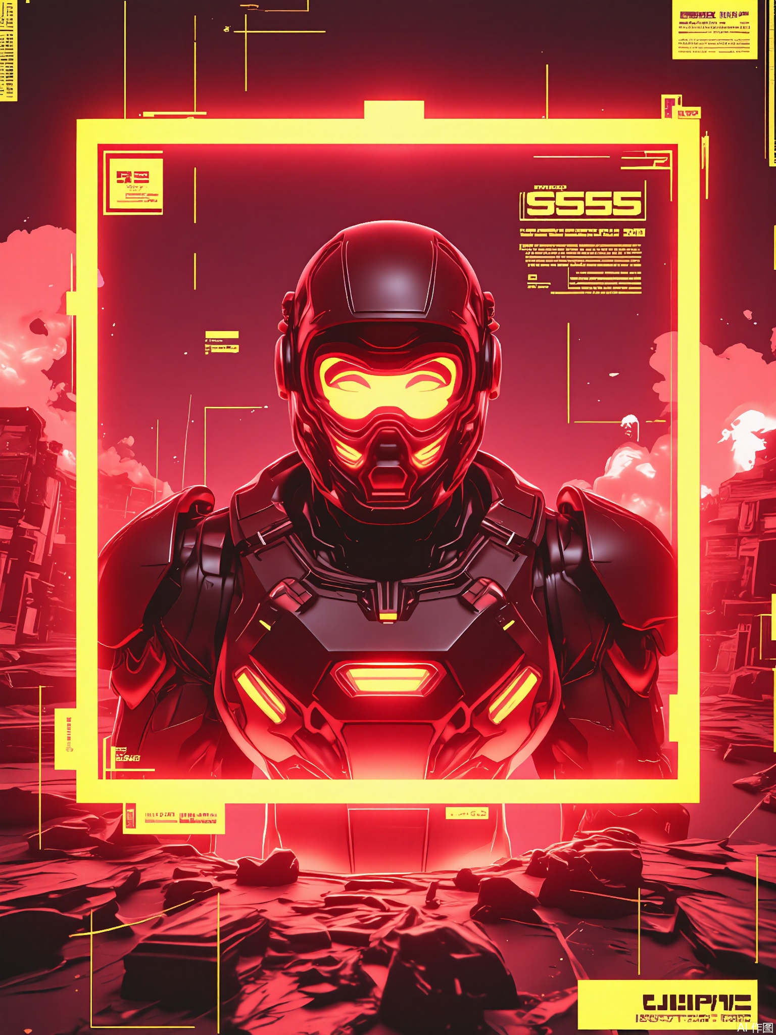 SBPK, A digital artwork showcasing a close-up of a face encased in a pulsating crimson frame. The face is lit by a fierce, scarlet light, contrasting with the dark, war-torn battlefield. The figure wears a reinforced battlesuit and a visor displaying enemy data, surrounded by explosions and debris. The image has a cyberpunk aesthetic with neon accents and a chaotic, intense vibe.


