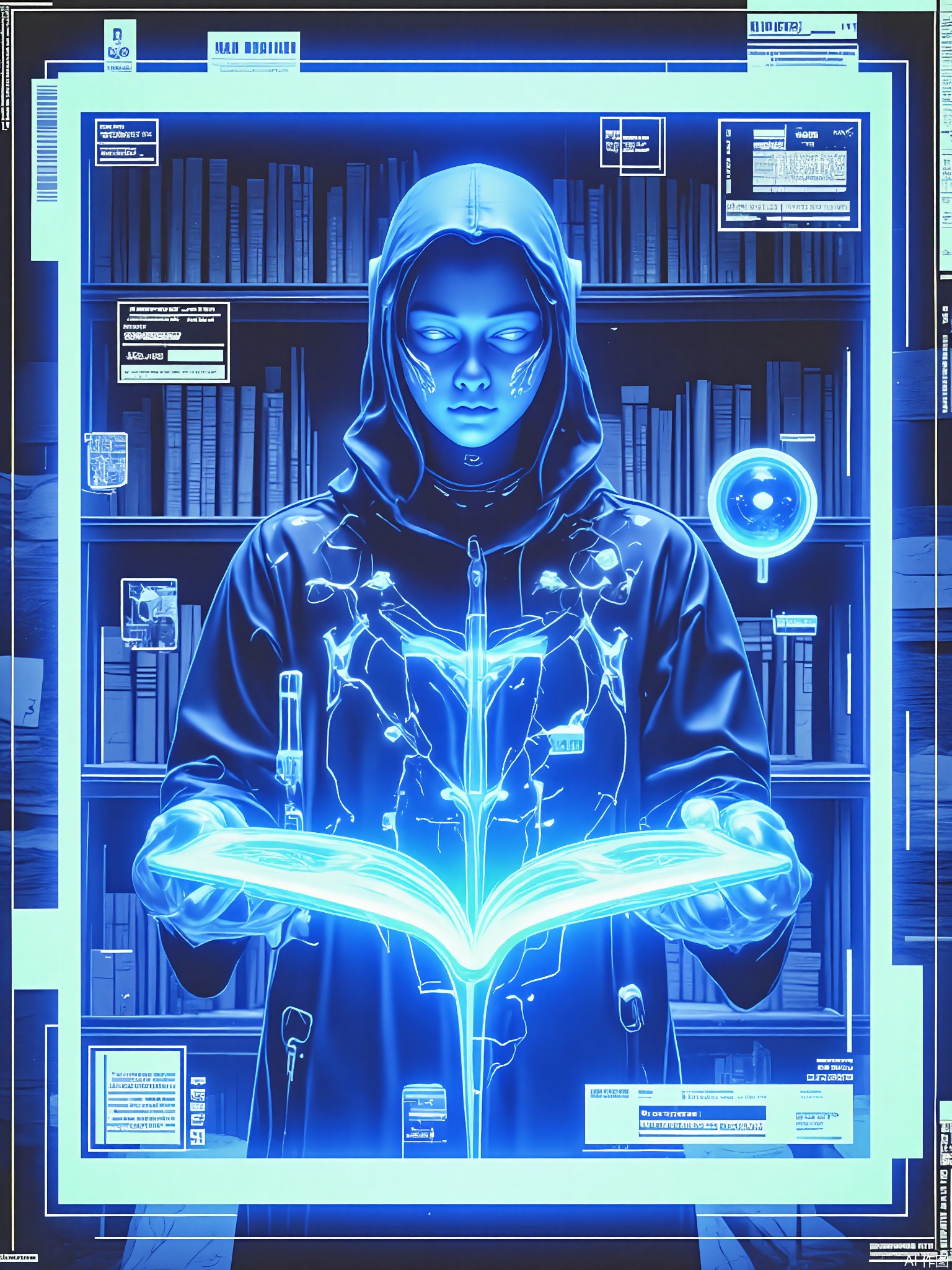 SBPK, A digital masterpiece presenting a close-up of a face inside a glowing cobalt frame. The face is illuminated by a cool, blue light, making it pop against the dark, futuristic library. The person sports a formal outfit with embedded tech and a holographic book, surrounded by floating data cubes and ancient texts. The artwork embodies a cyberpunk style with neon radiance and a scholarly, mysterious mood.

