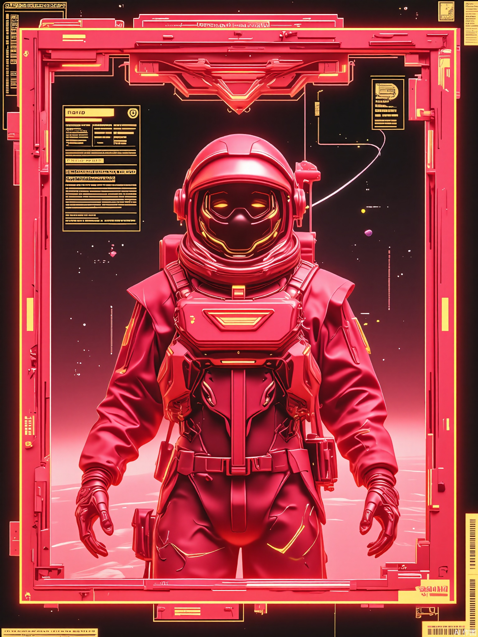 SBPK, A digital piece depicting a close-up of a face inside a glowing ruby frame. The face is illuminated by a deep, red glow, standing out against the dark, futuristic space station. The person dons a spacesuit with integrated tech and a holographic control panel, surrounded by floating data streams and stars. The artwork has a cyberpunk flair with neon highlights and a vast, cosmic vibe.

