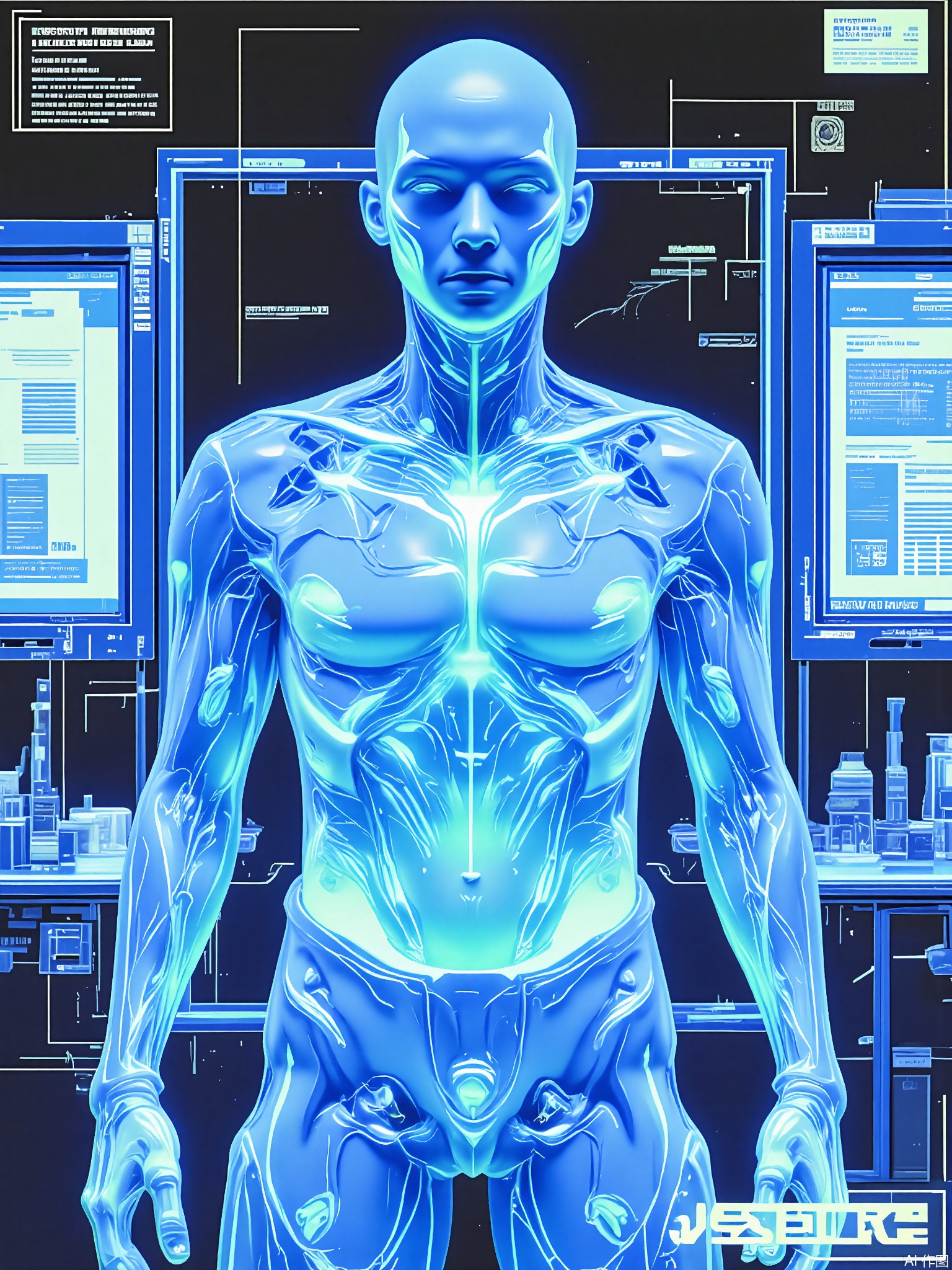 SBPK, A biohacker with translucent skin revealing mechanical organs stands framed in electric blue. The lab background features glowing test tubes and a malfunctioning quantum computer.

