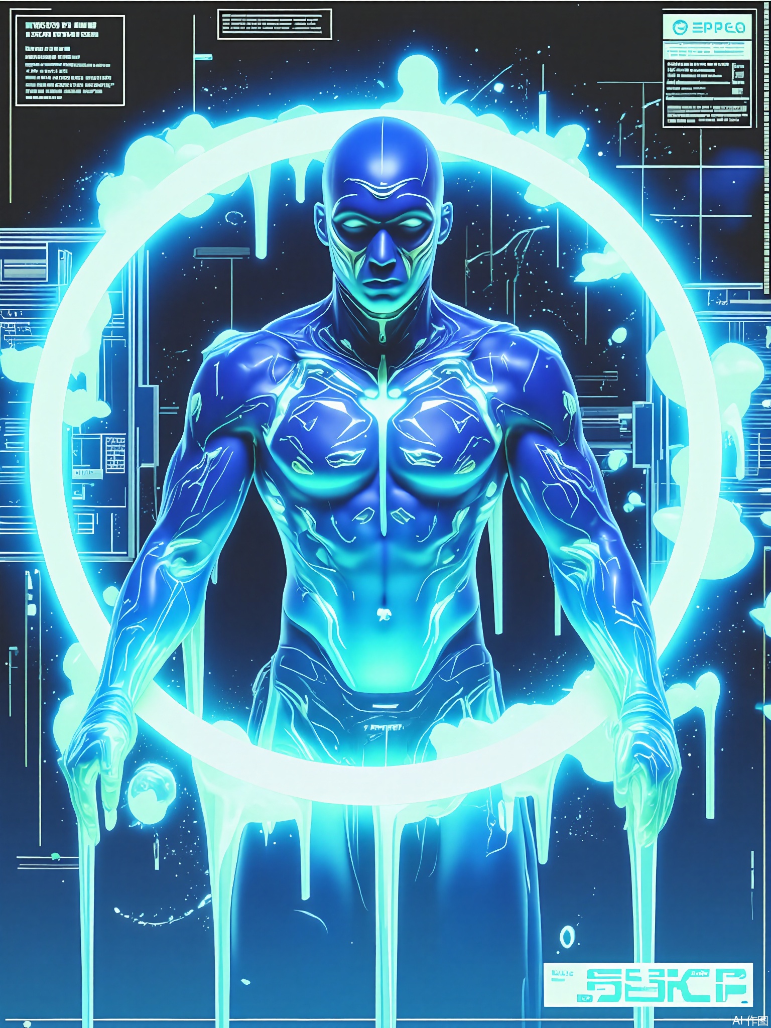 SBPK, A data thief with encrypted tattoos across their chest leans against an azure force field. The server farm background shows cascading firewalls and melting firewall icons.

